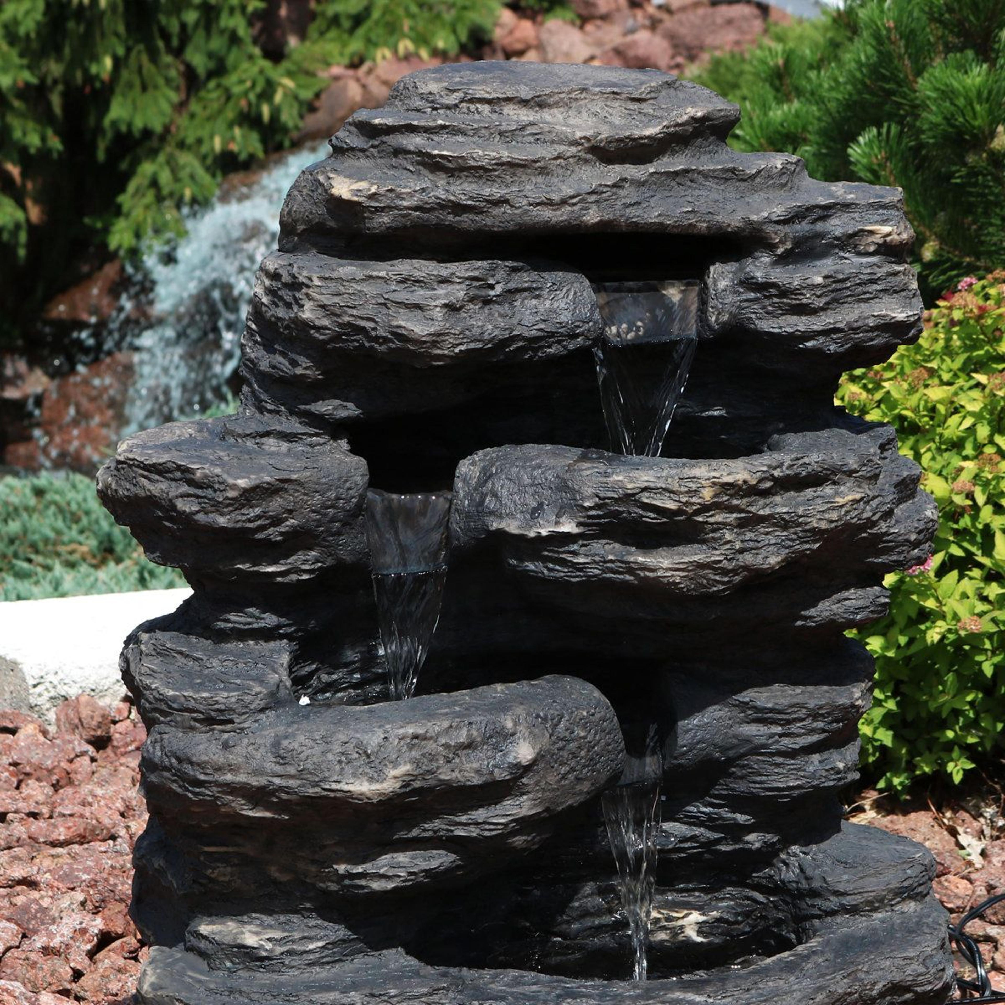 rocky falls outdoor waterfall fountain with led lights and realistic rock design