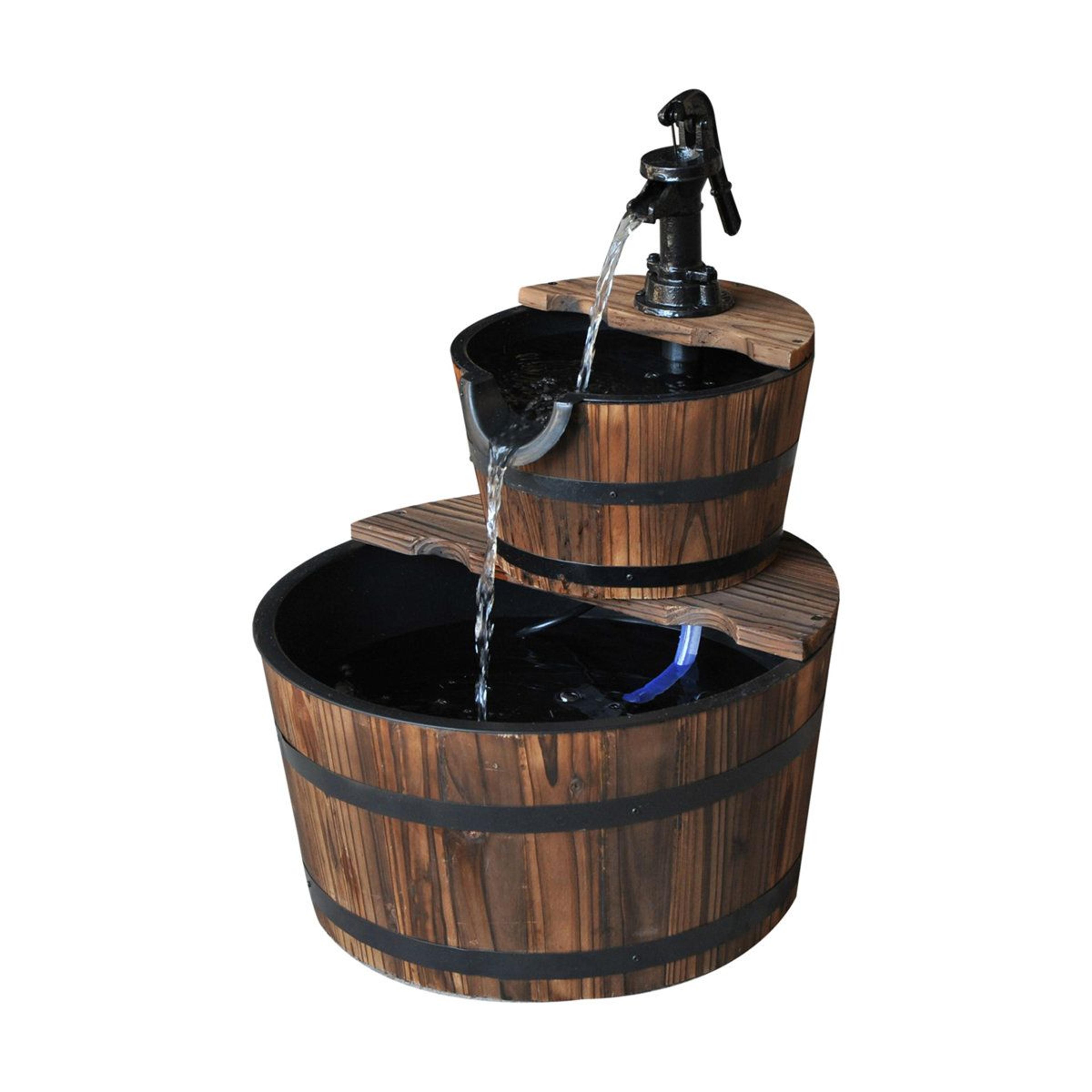 rustic two tier wooden outdoor fountain with adjustable waterfall