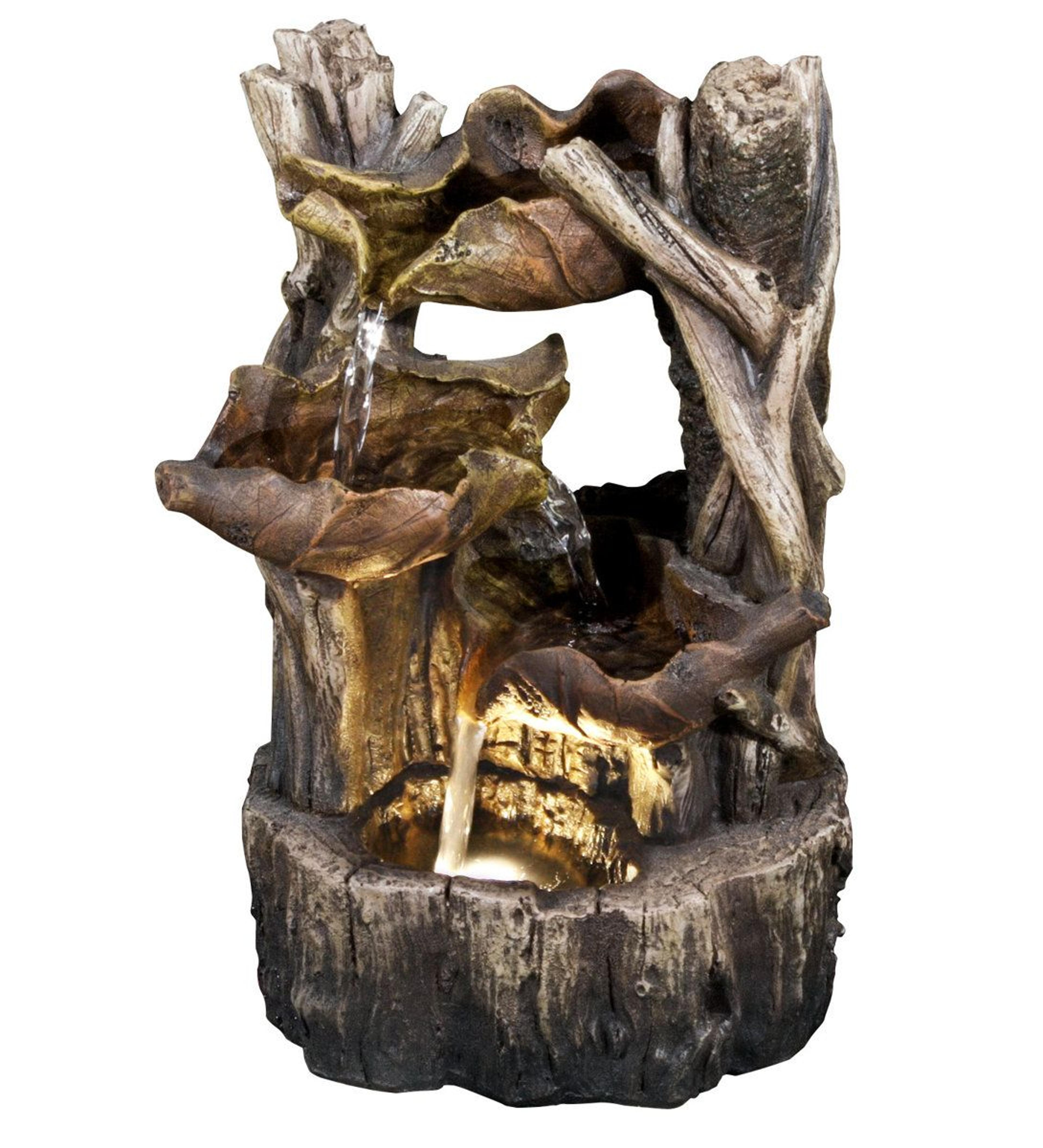 indoor cascade tabletop fountain with led light and natural tree leaf design