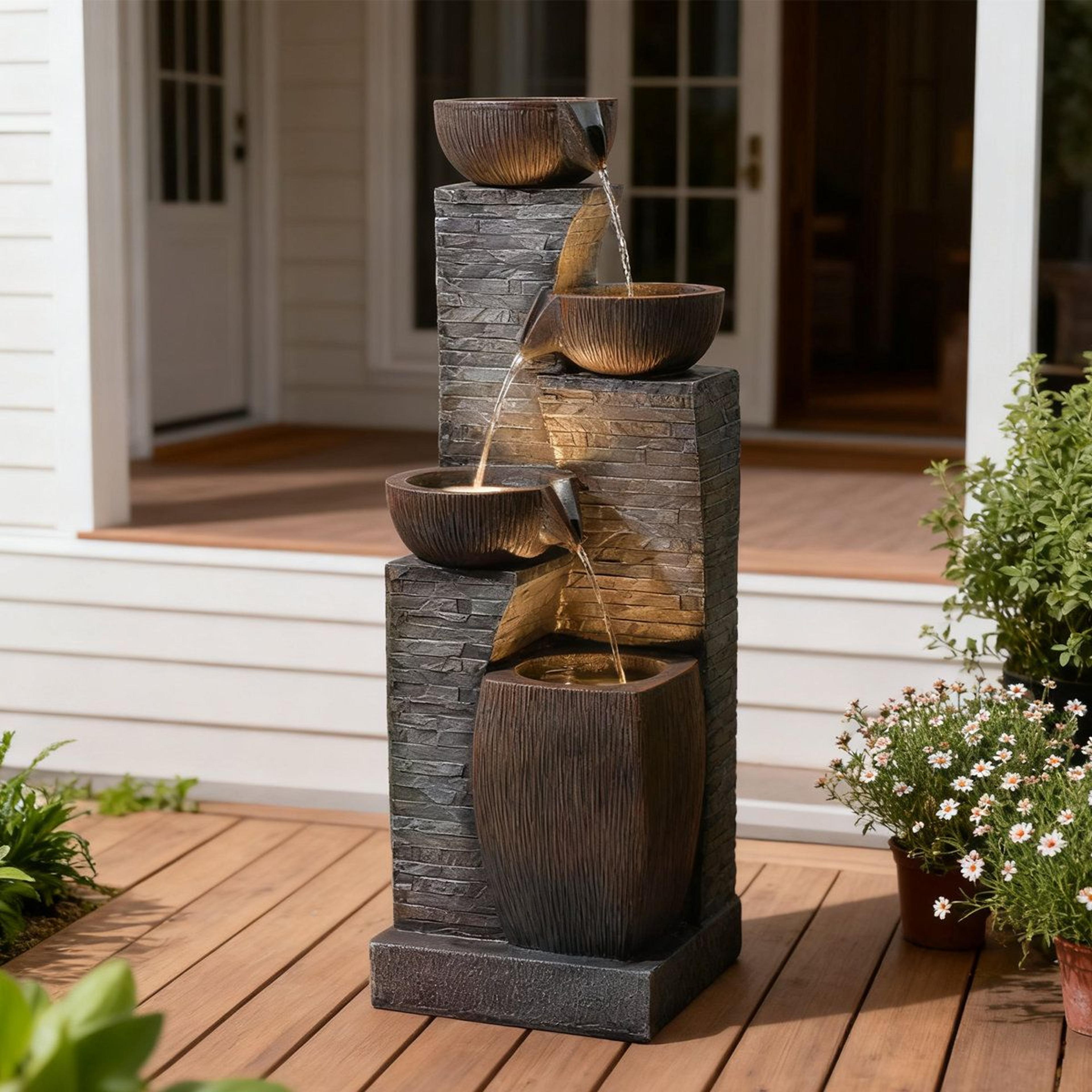 38.2" modern 4 tier outdoor water fountain with led lights