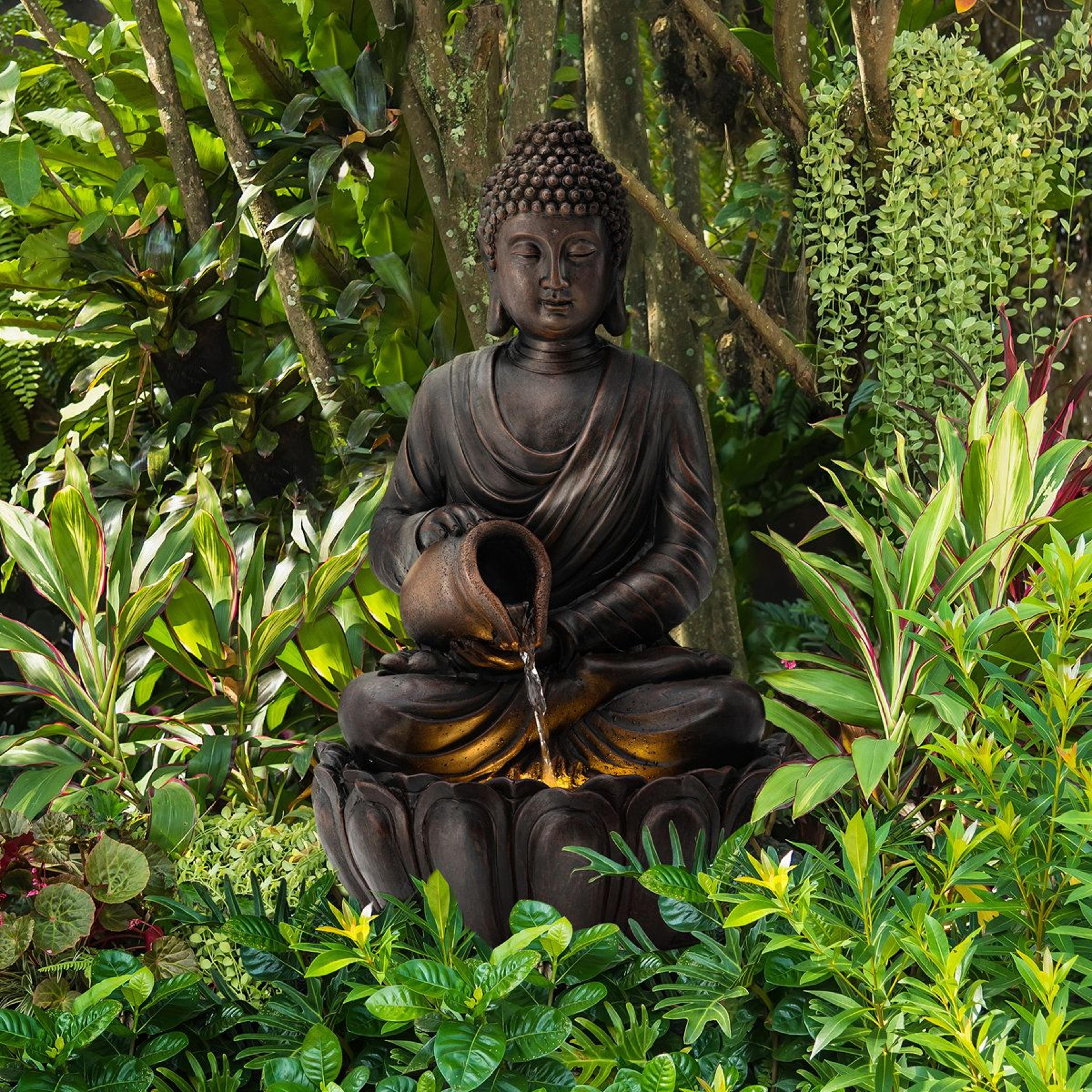 buddha outdoor fountain with led lights and 2 tier waterfall