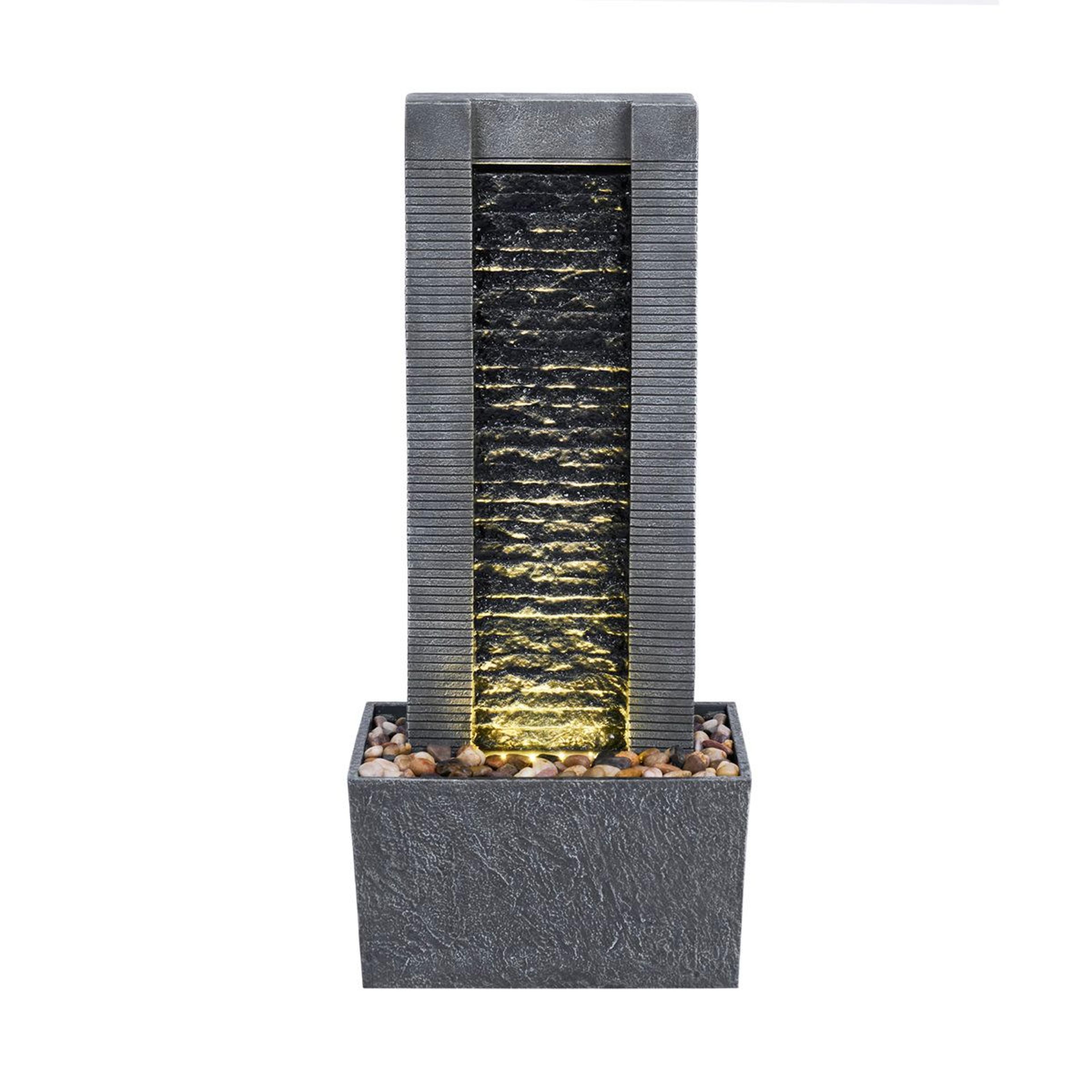 weather resistant column fountain with led lights and waterfall