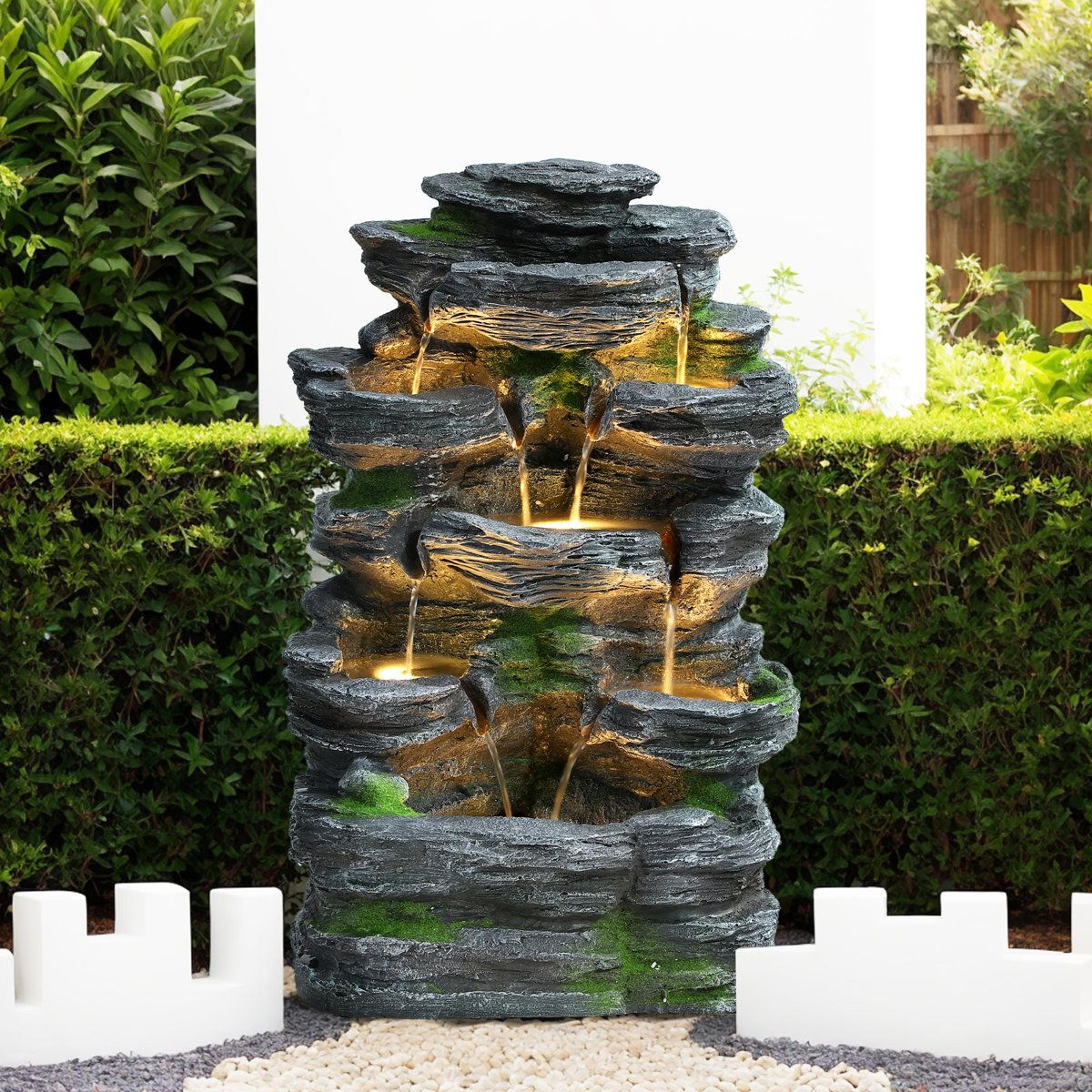 7 tier cascading rock outdoor water fountain with led lights