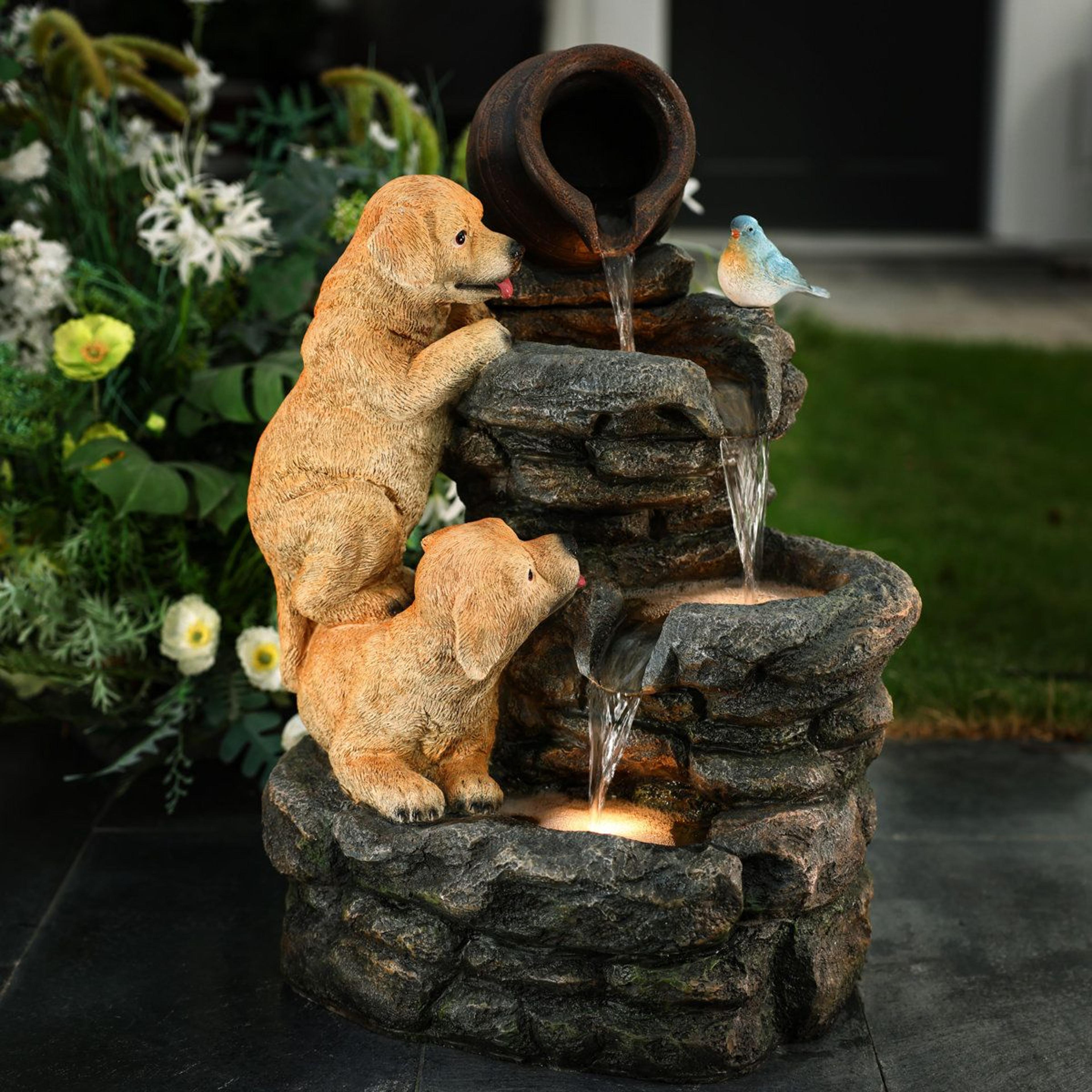 rustic puppy rock tower outdoor water fountain with led lights