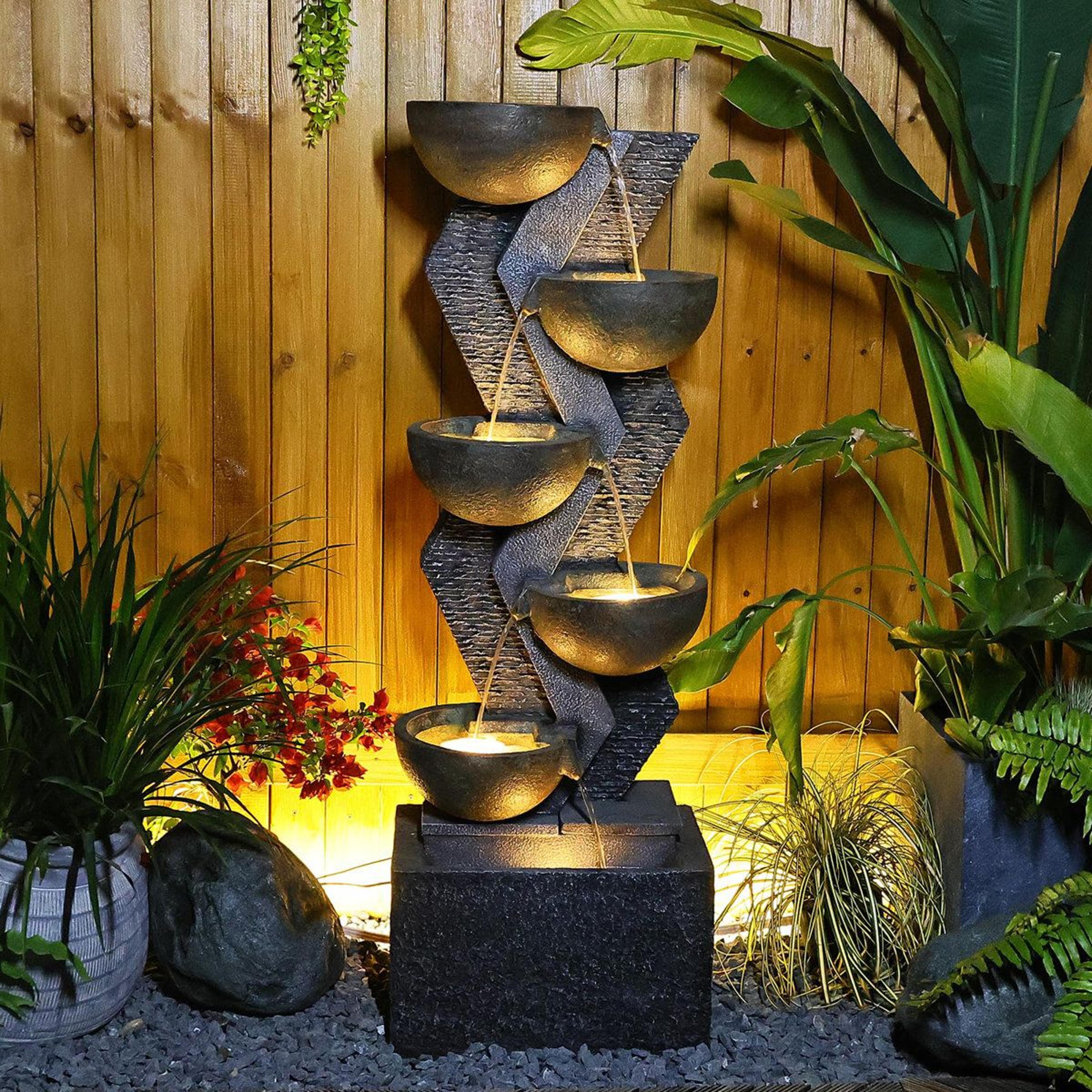 modern outdoor water fountain with warm led lights and 5 bowl cascading design