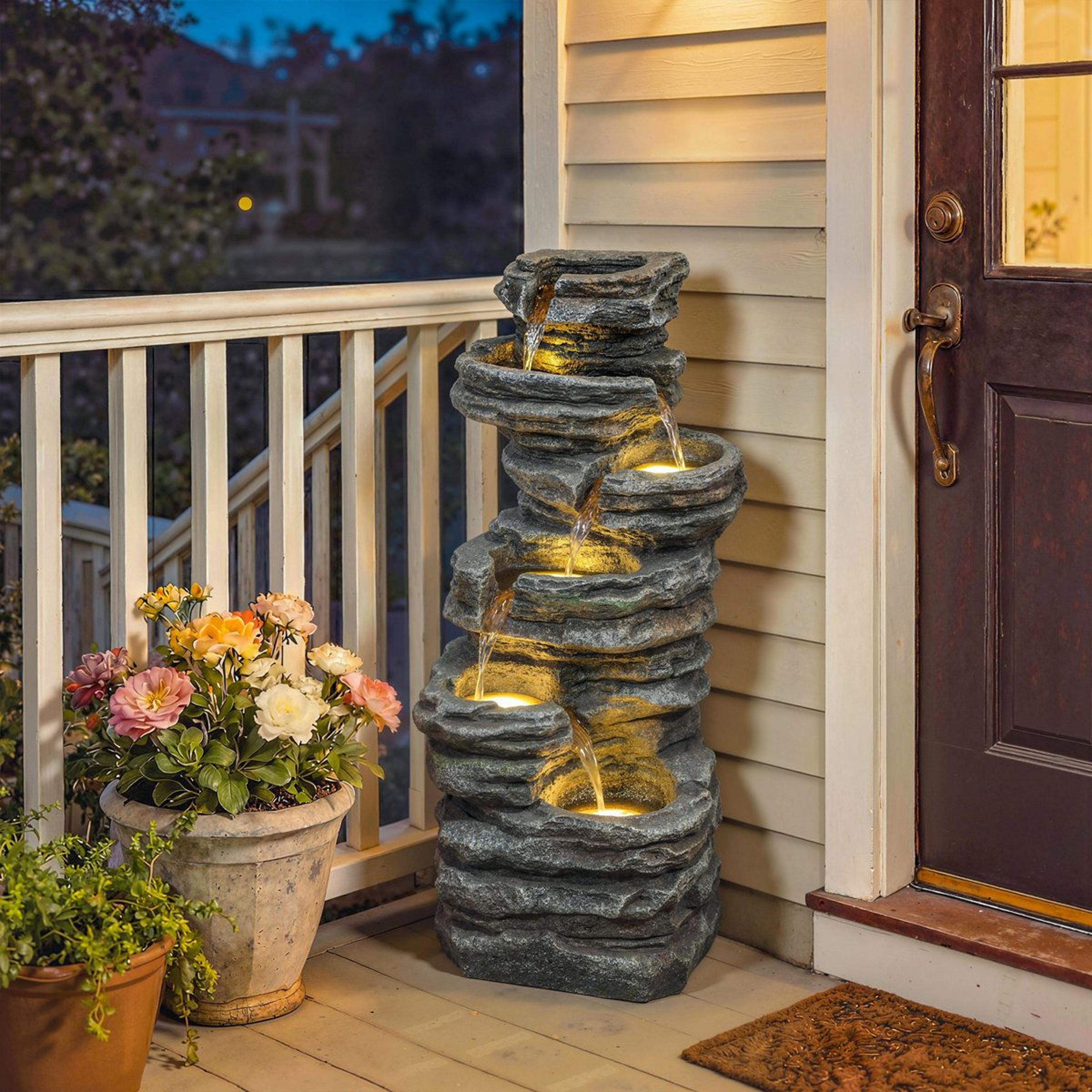 40 inch 6 tier outdoor waterfall fountain with warm led lights
