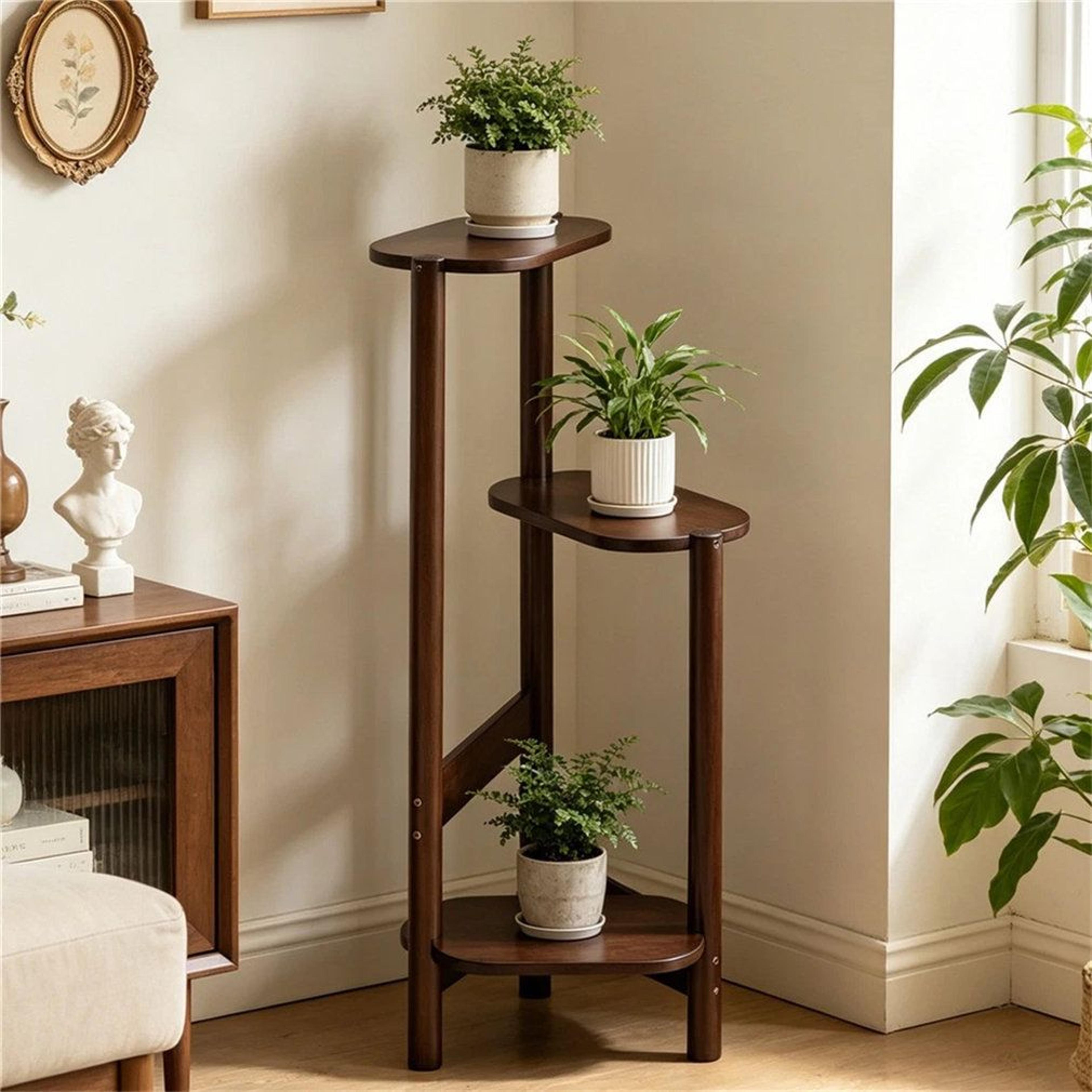 3 tier bamboo plant stand for indoor outdoor corner plant display