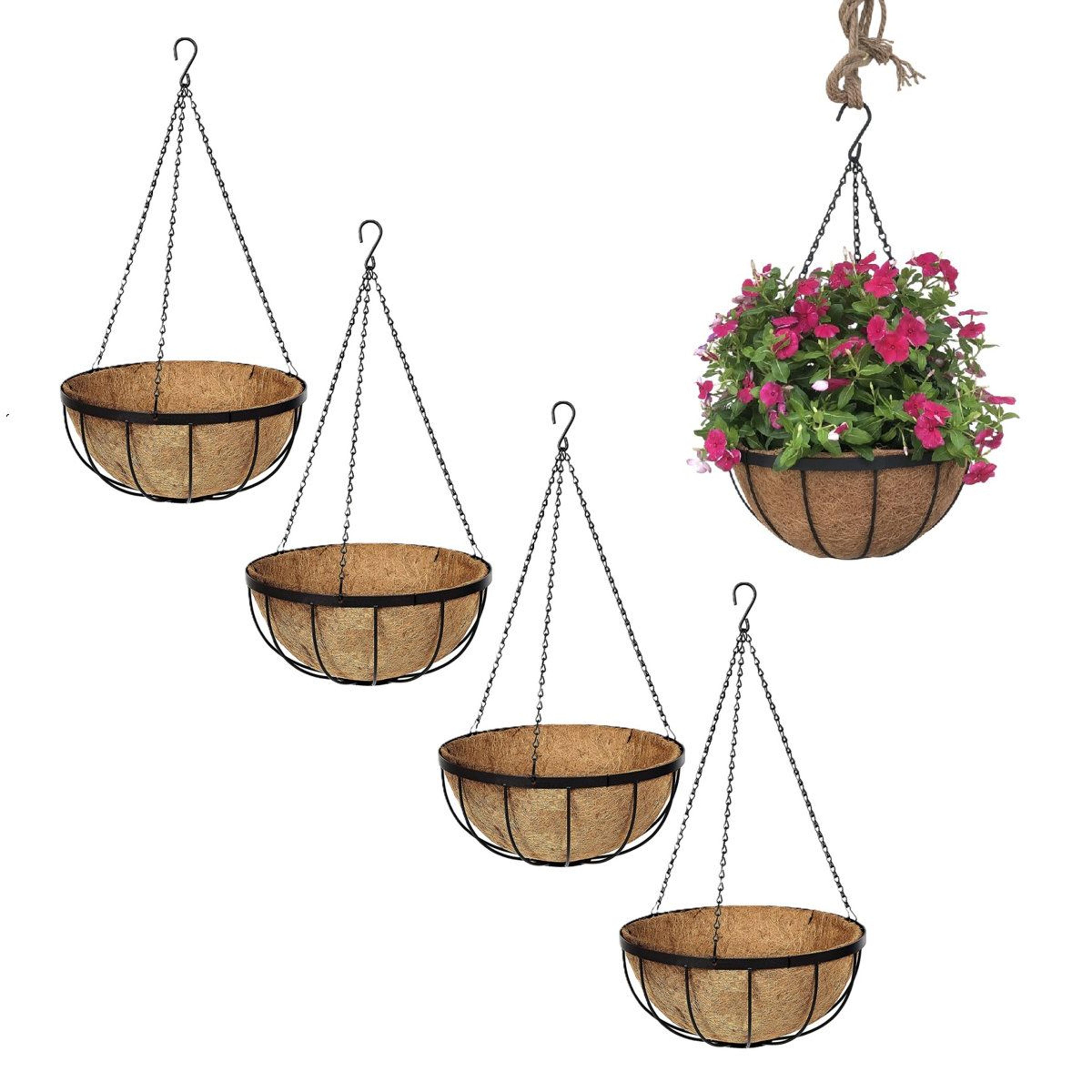 delania 12 inch set of 5 wrought iron hanging planters with coconut fiber liners