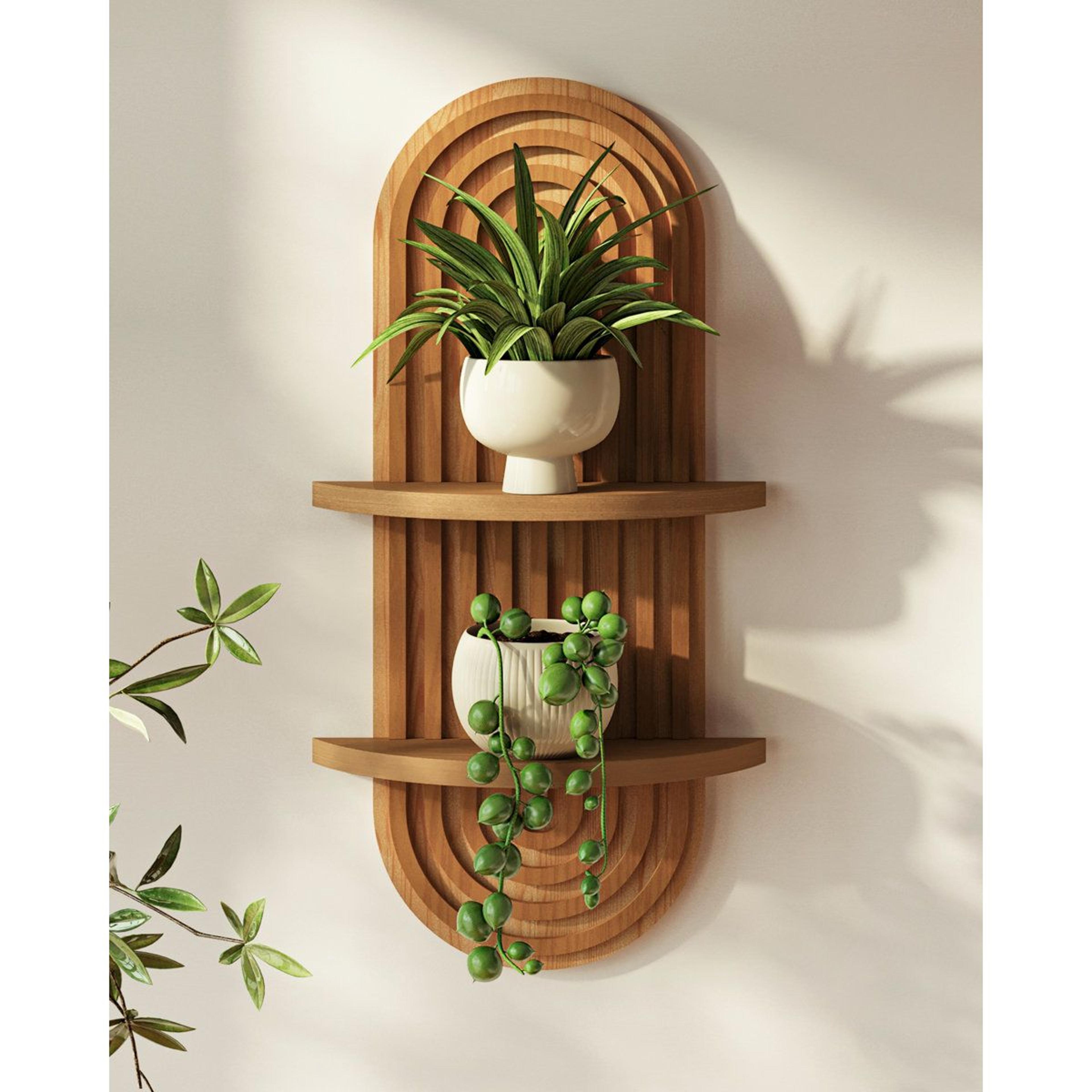 2 tier wall mounted plant shelf boho wooden floating display
