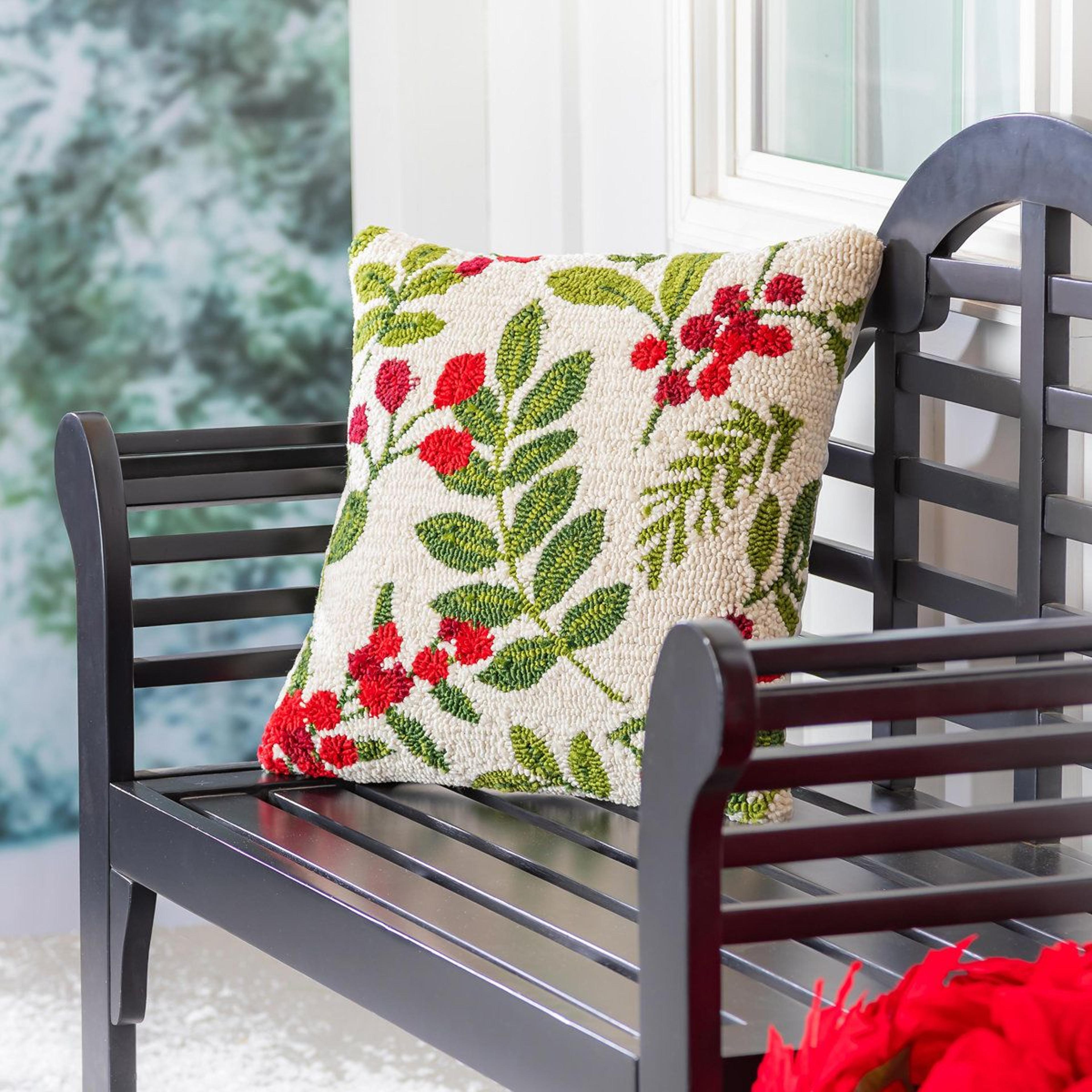 festive foliage christmas hooked throw pillow 18 inch indoor outdoor