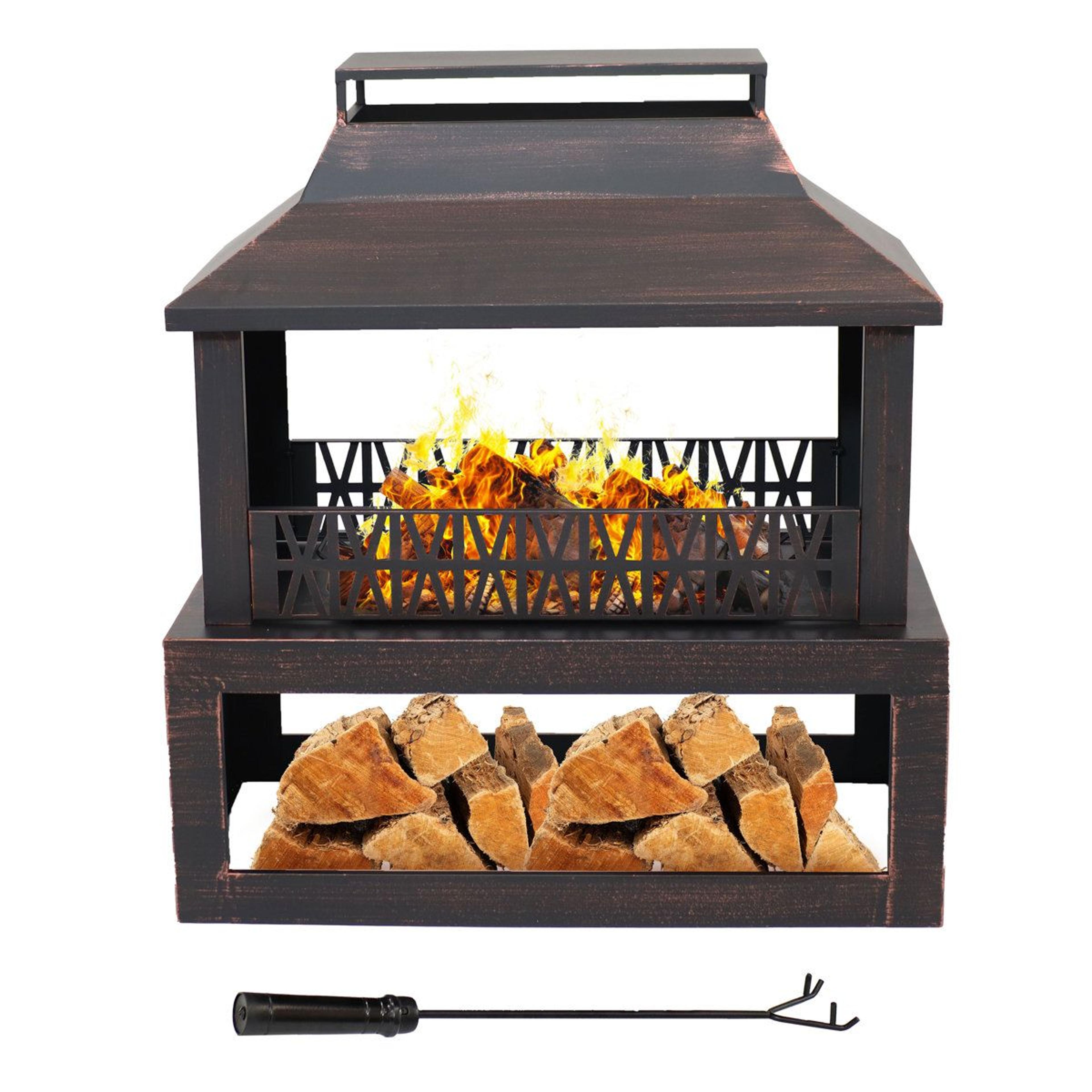 courter 29 inch bronze steel outdoor wood burning fireplace with log storage