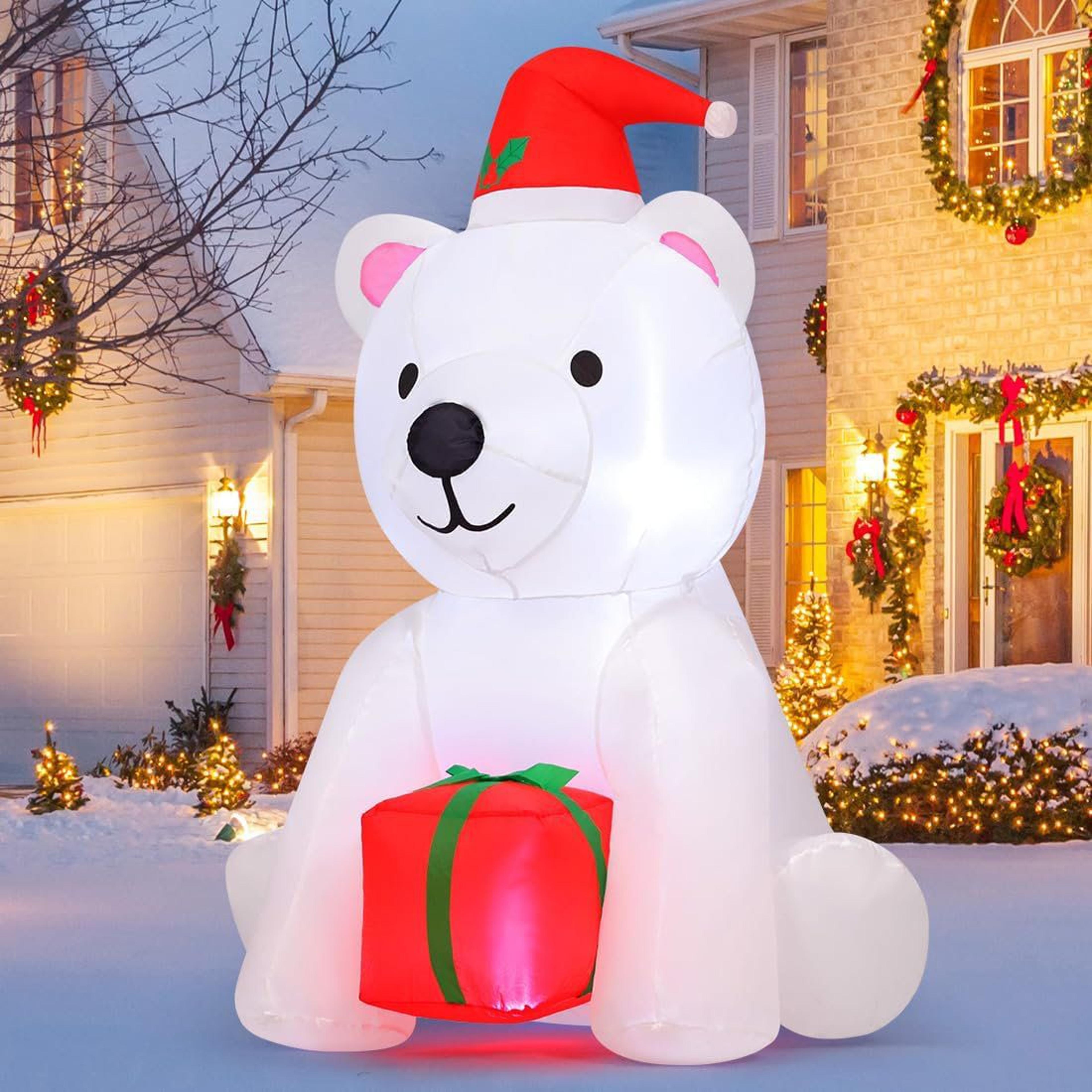 4 ft christmas inflatable polar bear with led lights gift box and santa hat