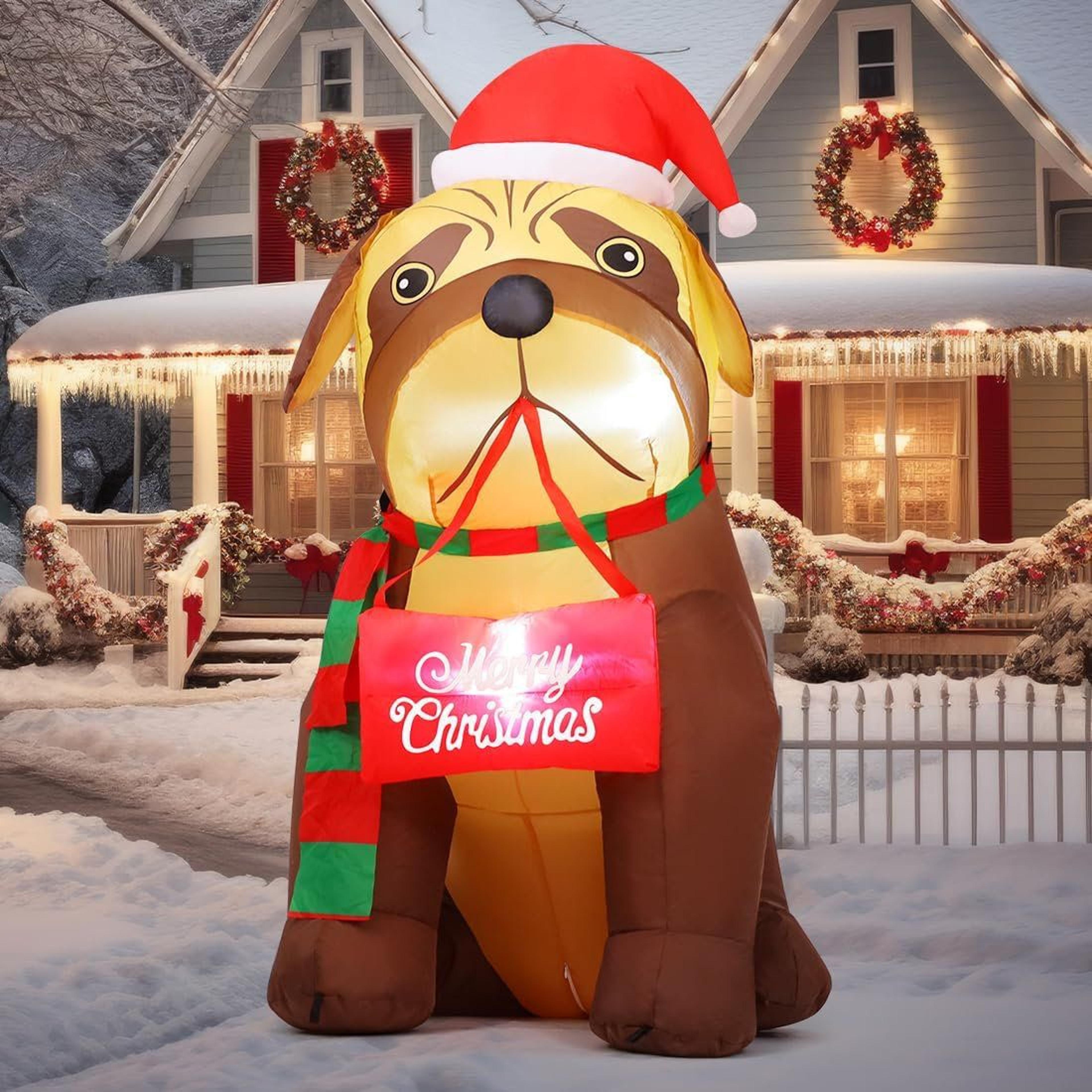 5 ft christmas inflatable dog with led lights and santa hat