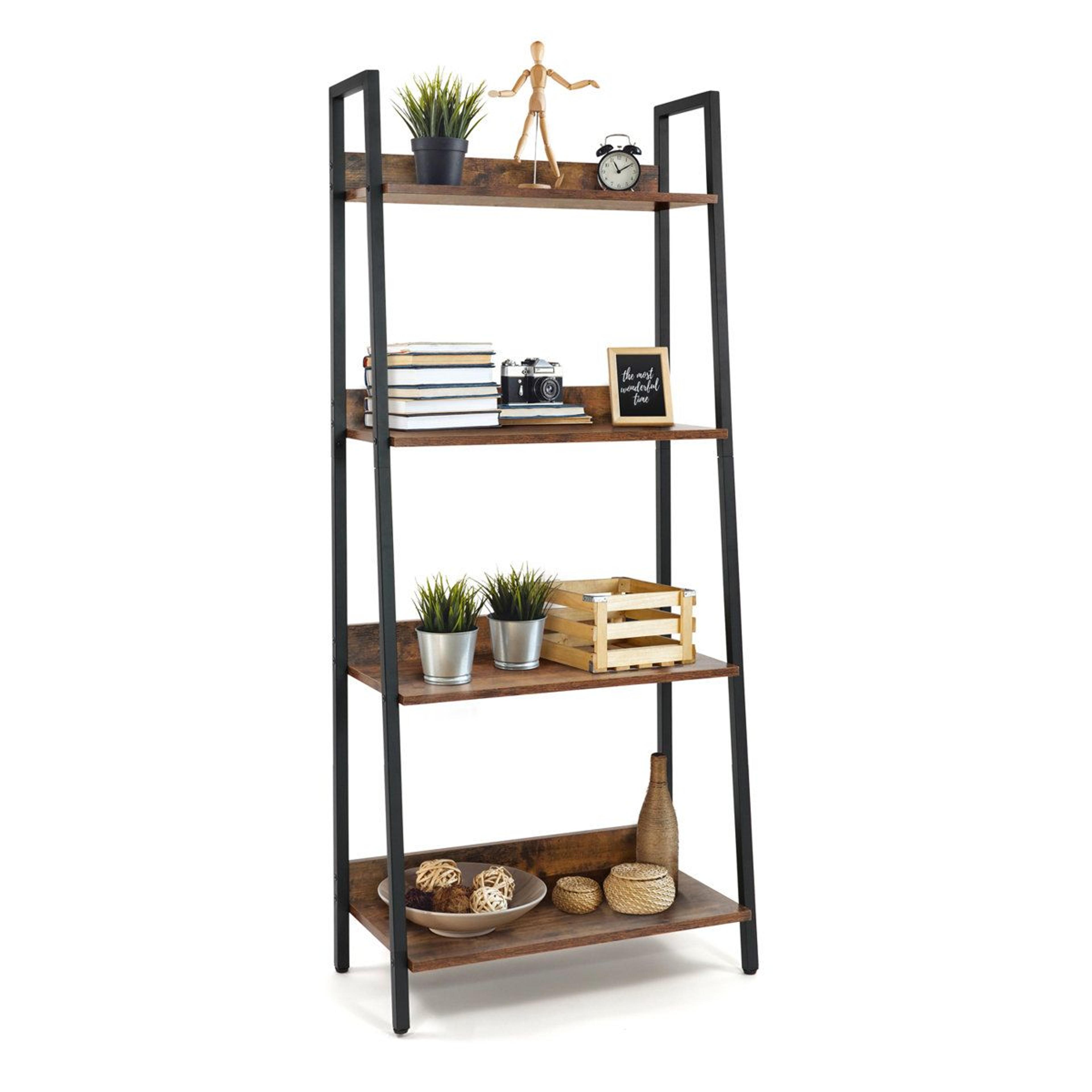 4 tier ladder bookshelf rustic oak industrial storage rack