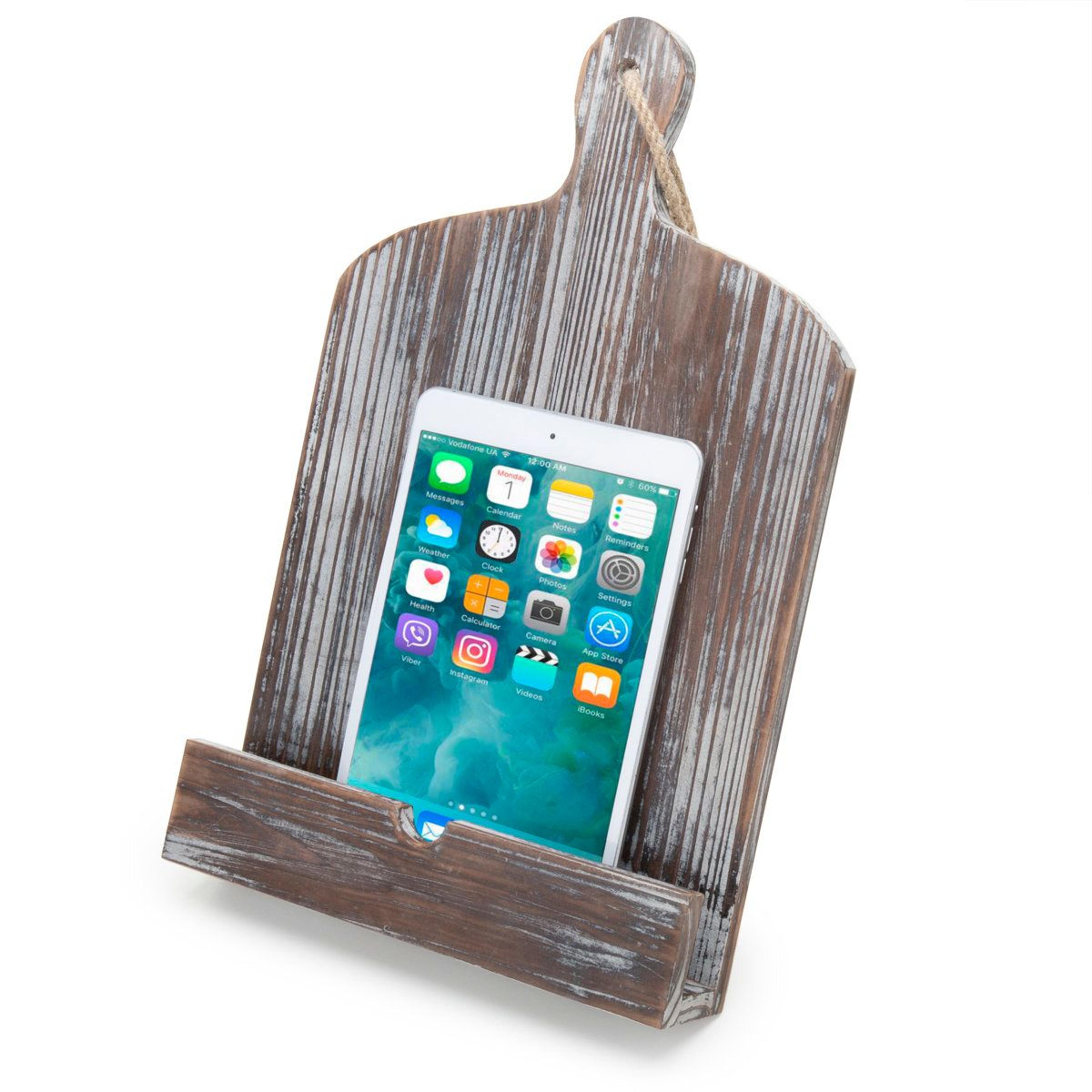 torched wood cookbook holder tablet stand for kitchen countertops