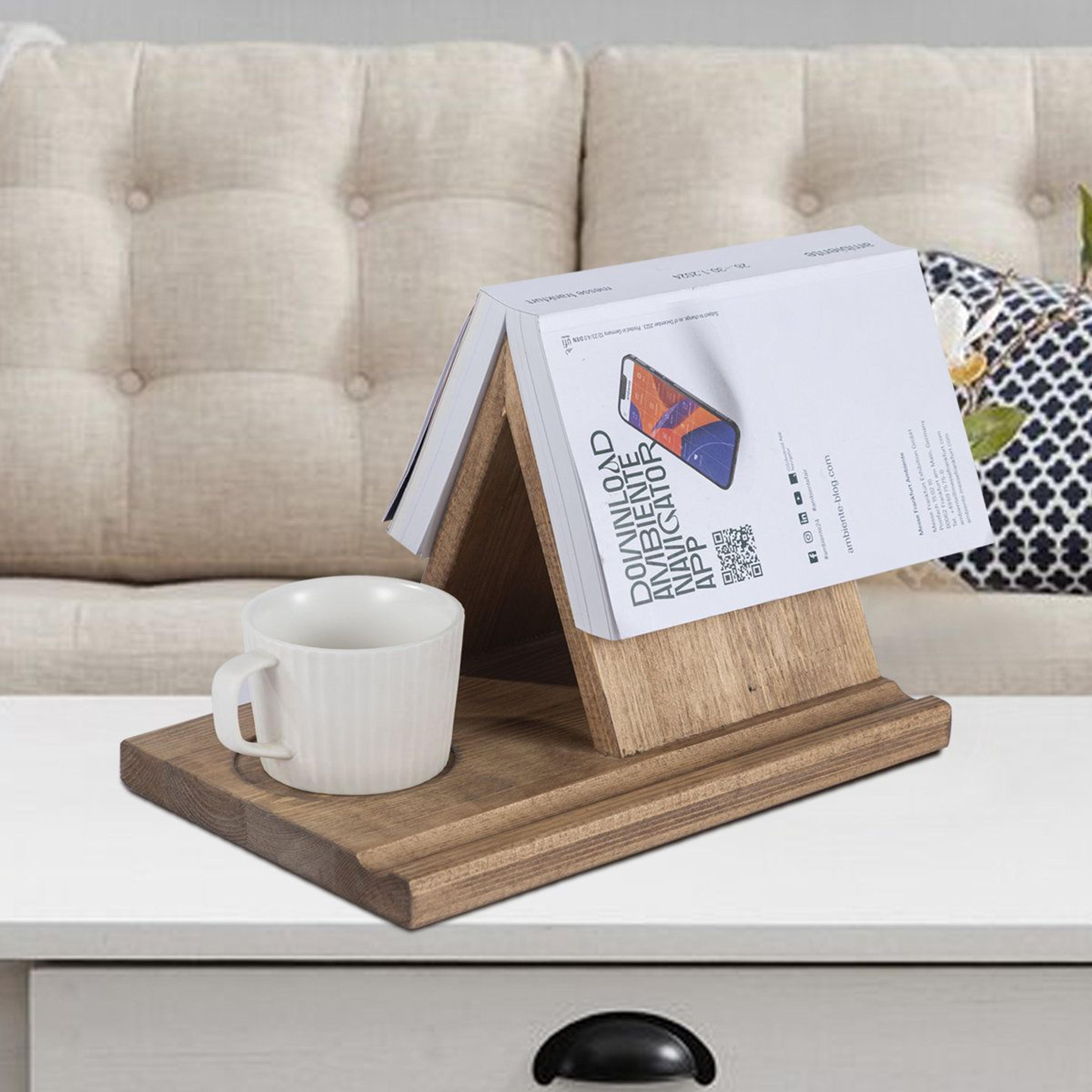 wooden book holder reading stand with built in cup holder for book lovers