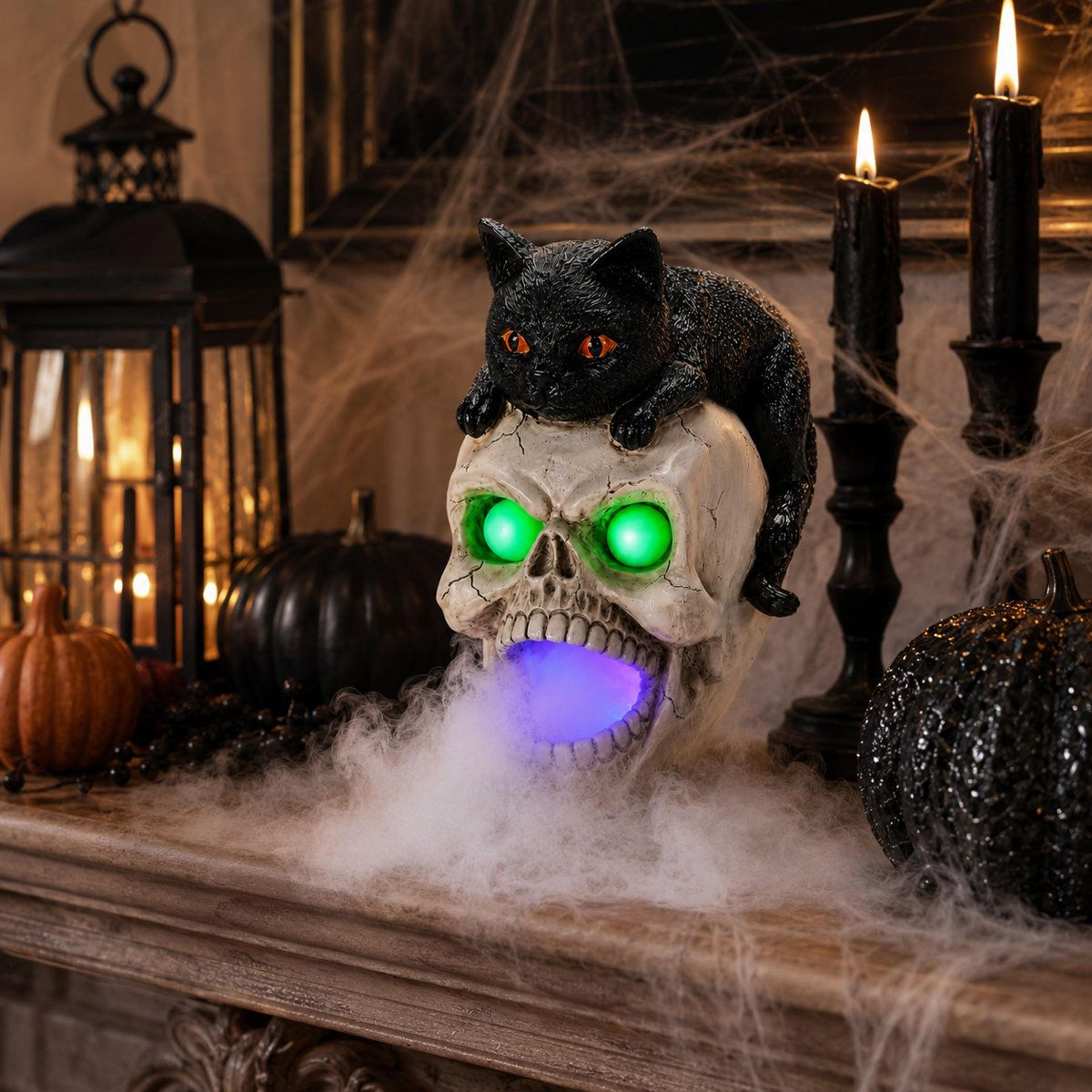 glowing halloween skull cat statue with led fog and green eyes