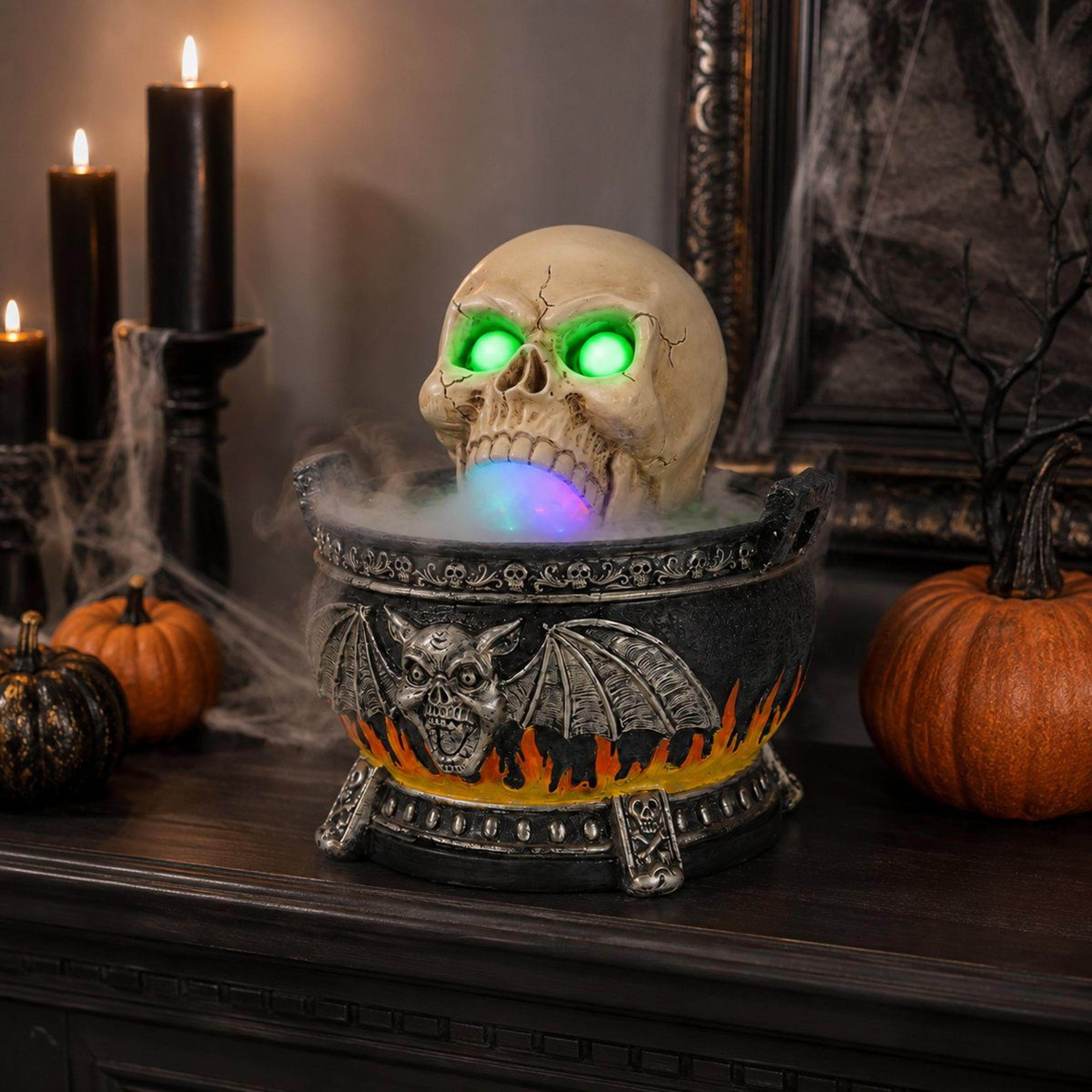 glowing skull cauldron halloween decor led resin tabletop statue