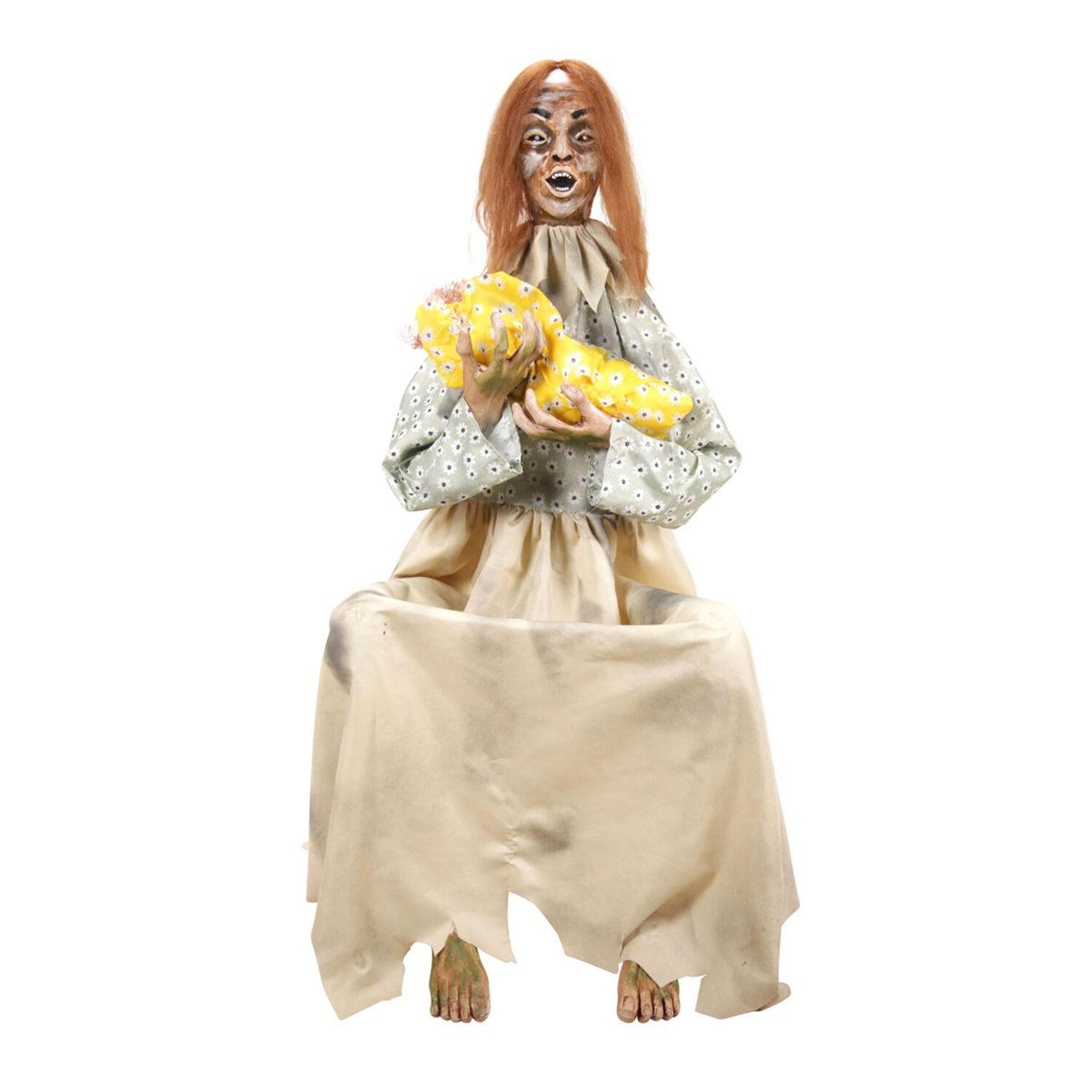 haunted hill farm 3.8 ft animated halloween animatronic creepy woman holding doll