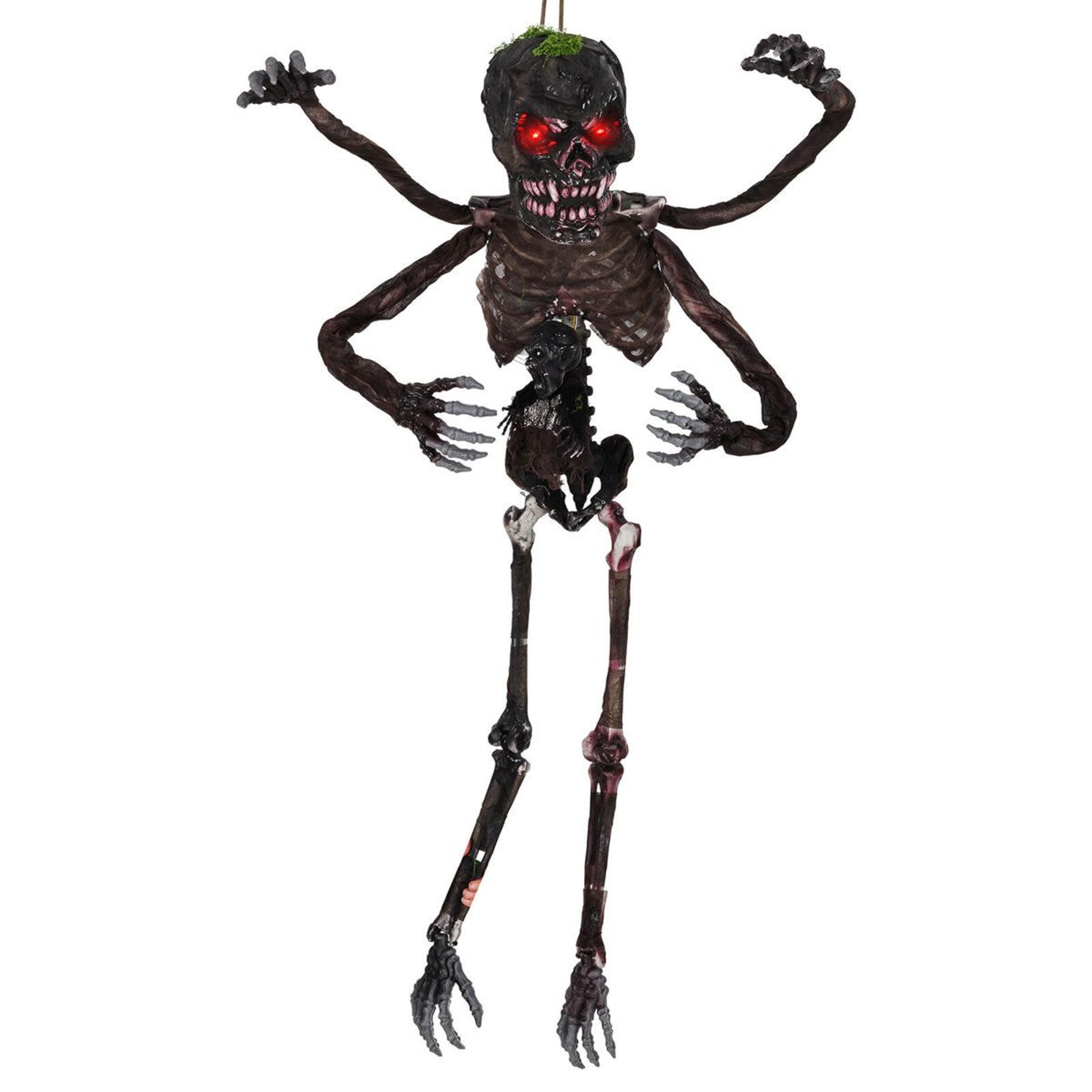 6 ft animated halloween hanging zombie decoration with glowing red eyes and poseable arms