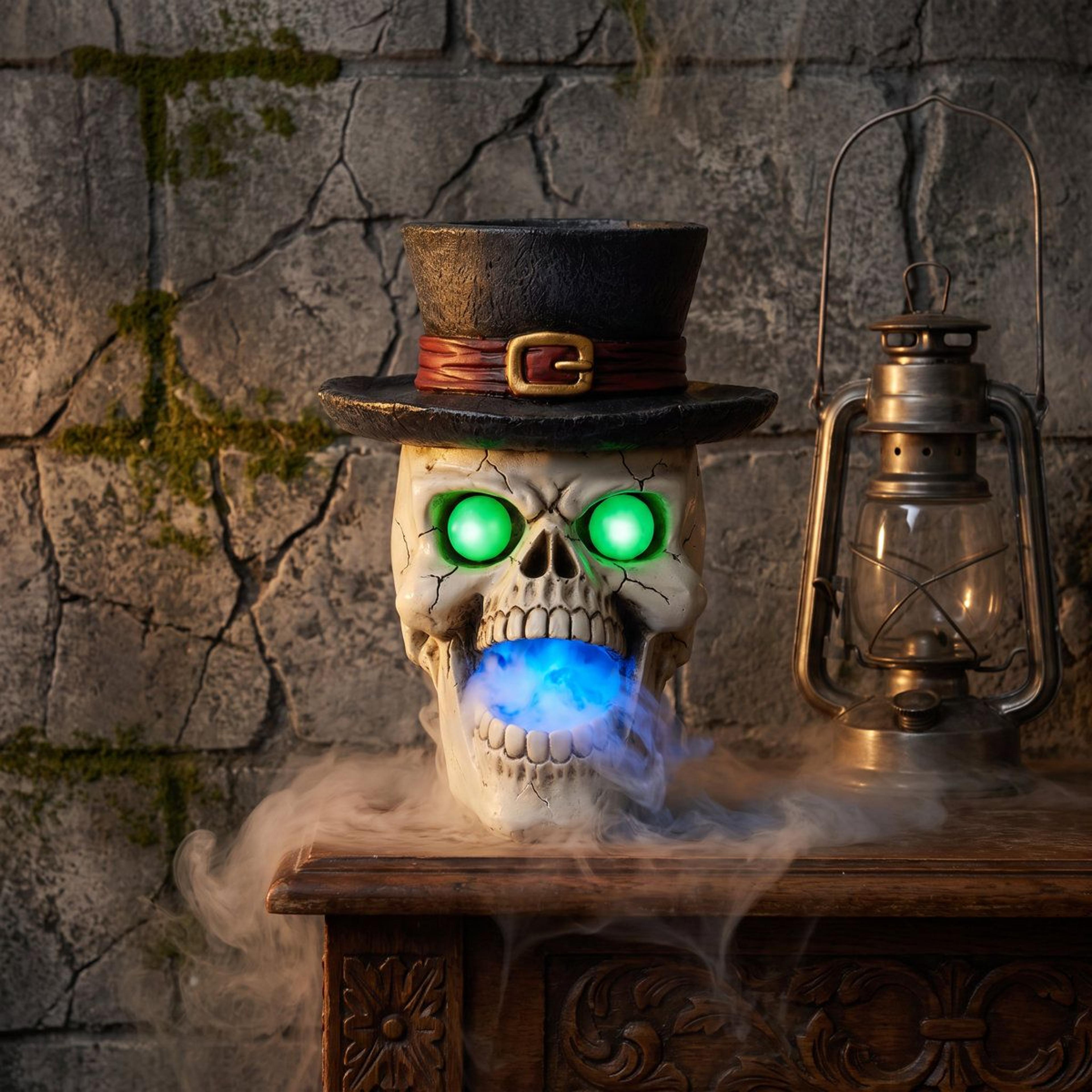 glowing halloween skull decor with green led eyes and black top hat