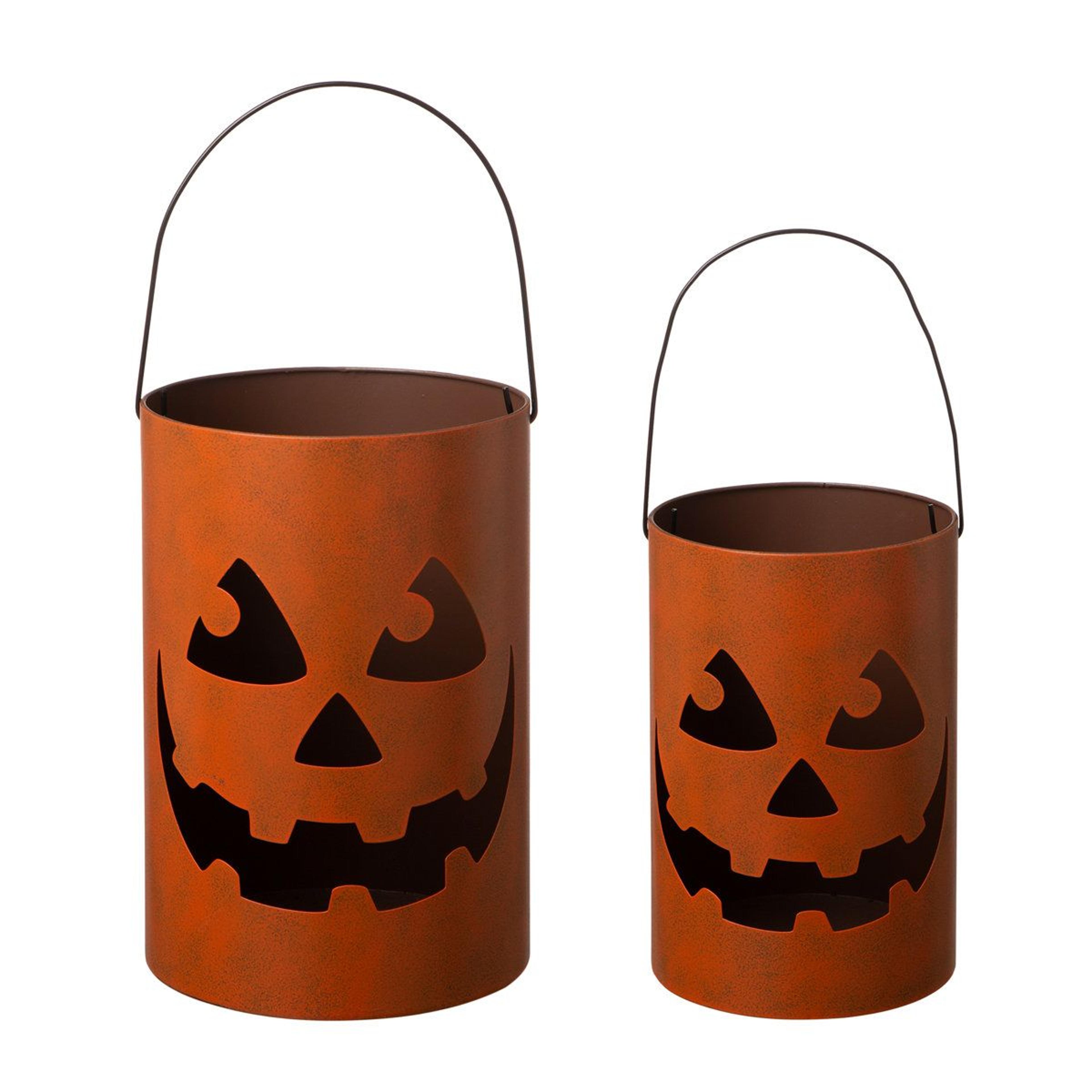 set of 2 metal halloween jack o lanterns lighted outdoor porch decor