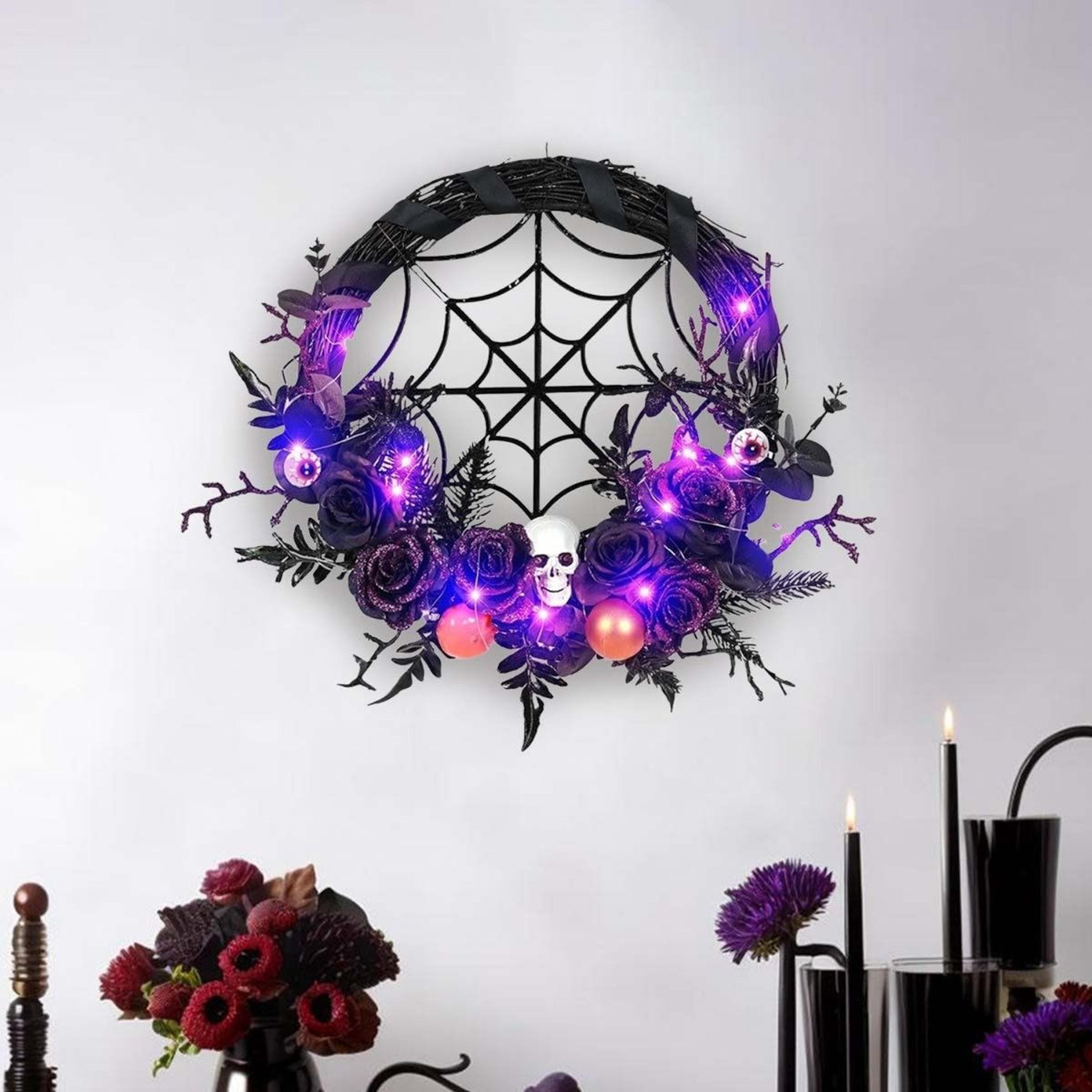 17.71 inch pre-lit purple led halloween wreath with skull glitter roses
