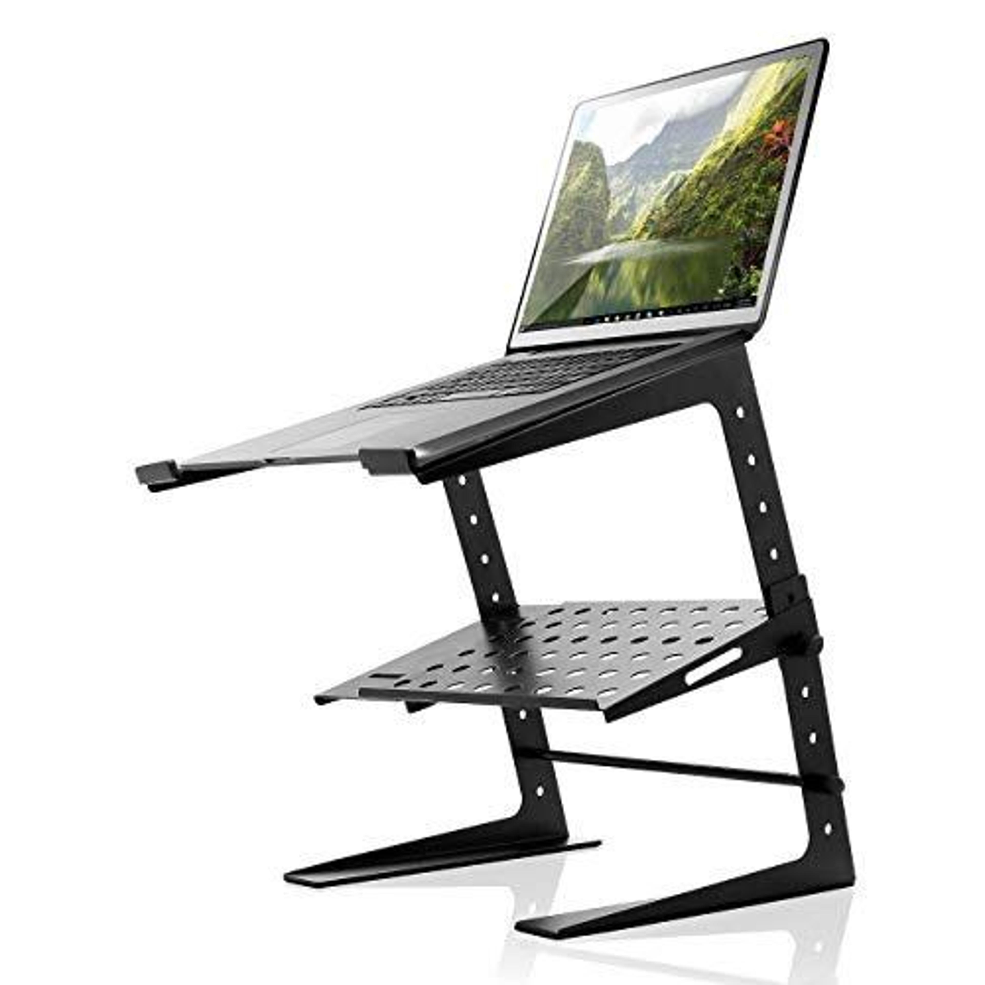 adjustable portable laptop stand with storage shelf for dj gaming home office