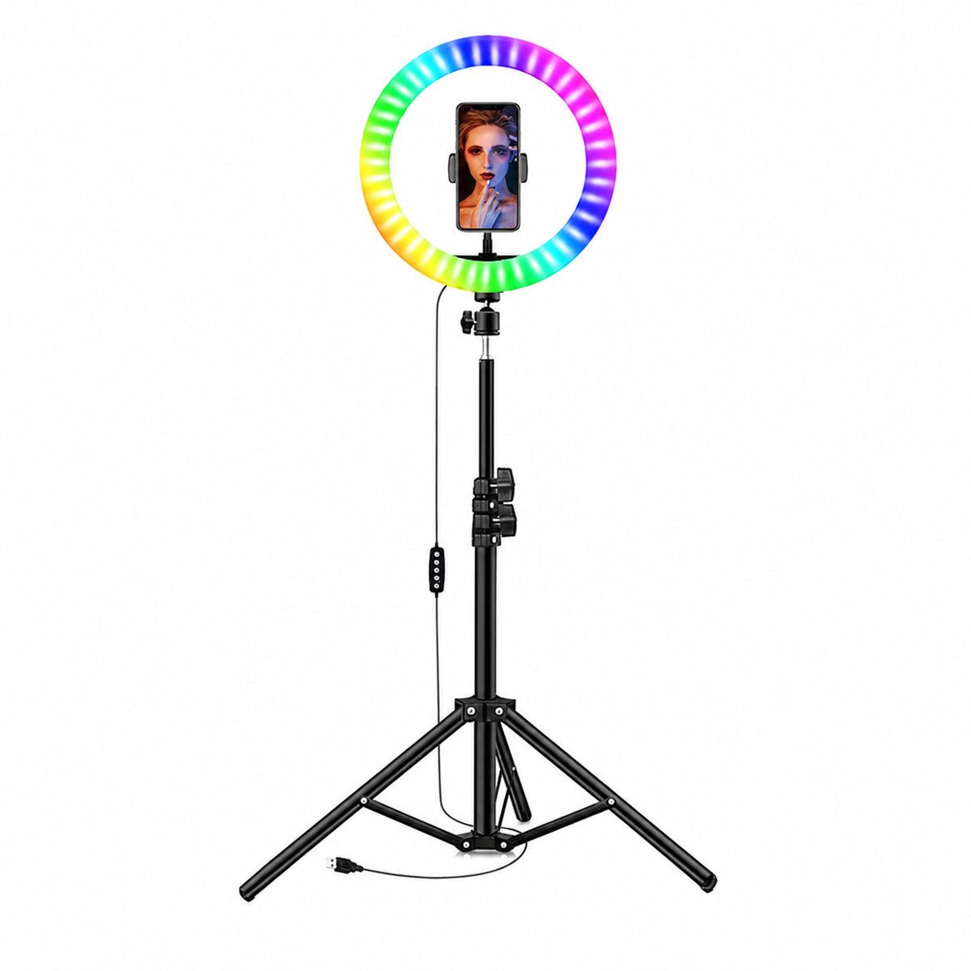 10 inch rgb ring light with 63 inch tripod and phone holder dimmable