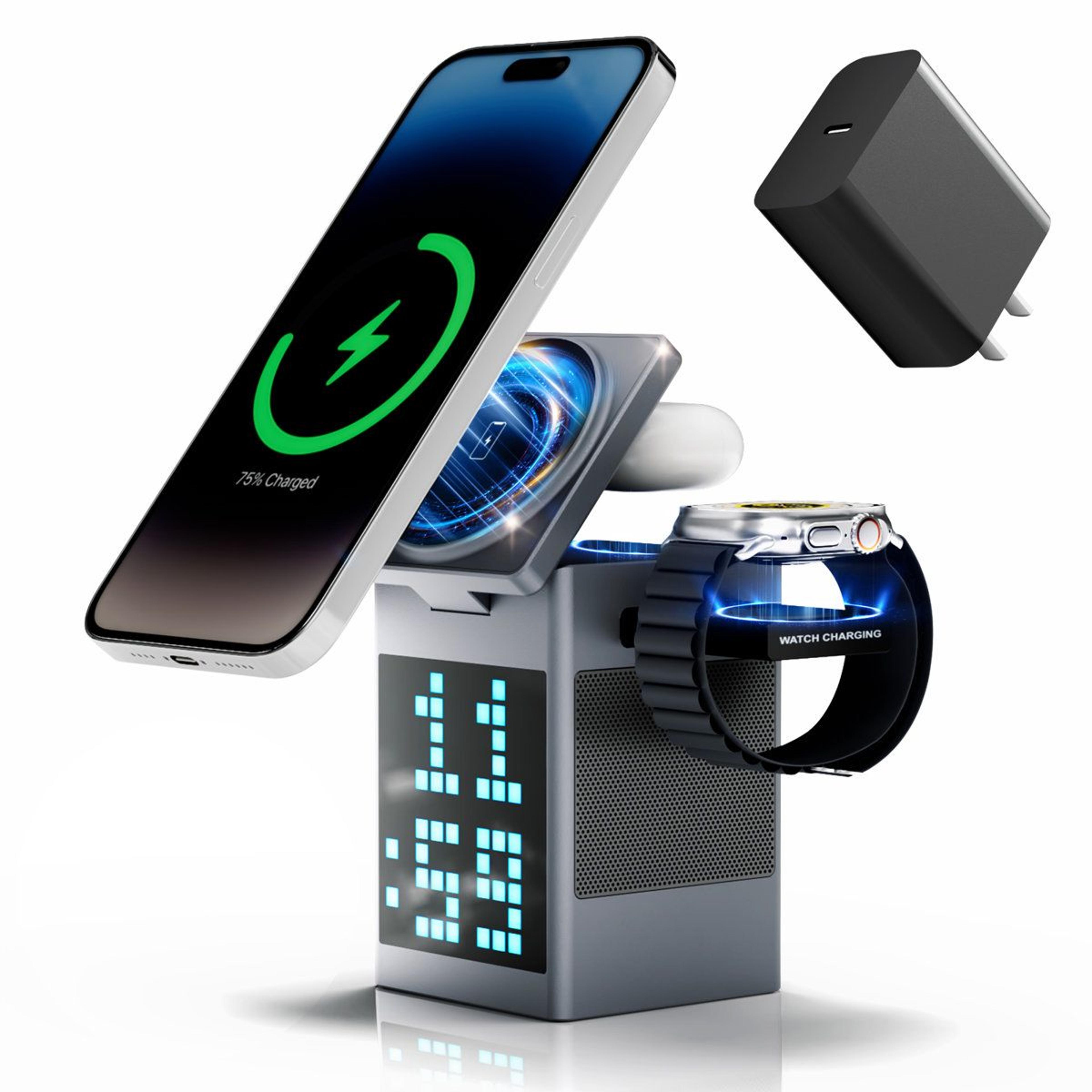 3-in-1 magsafe wireless charging station with bluetooth speaker and pixel clock