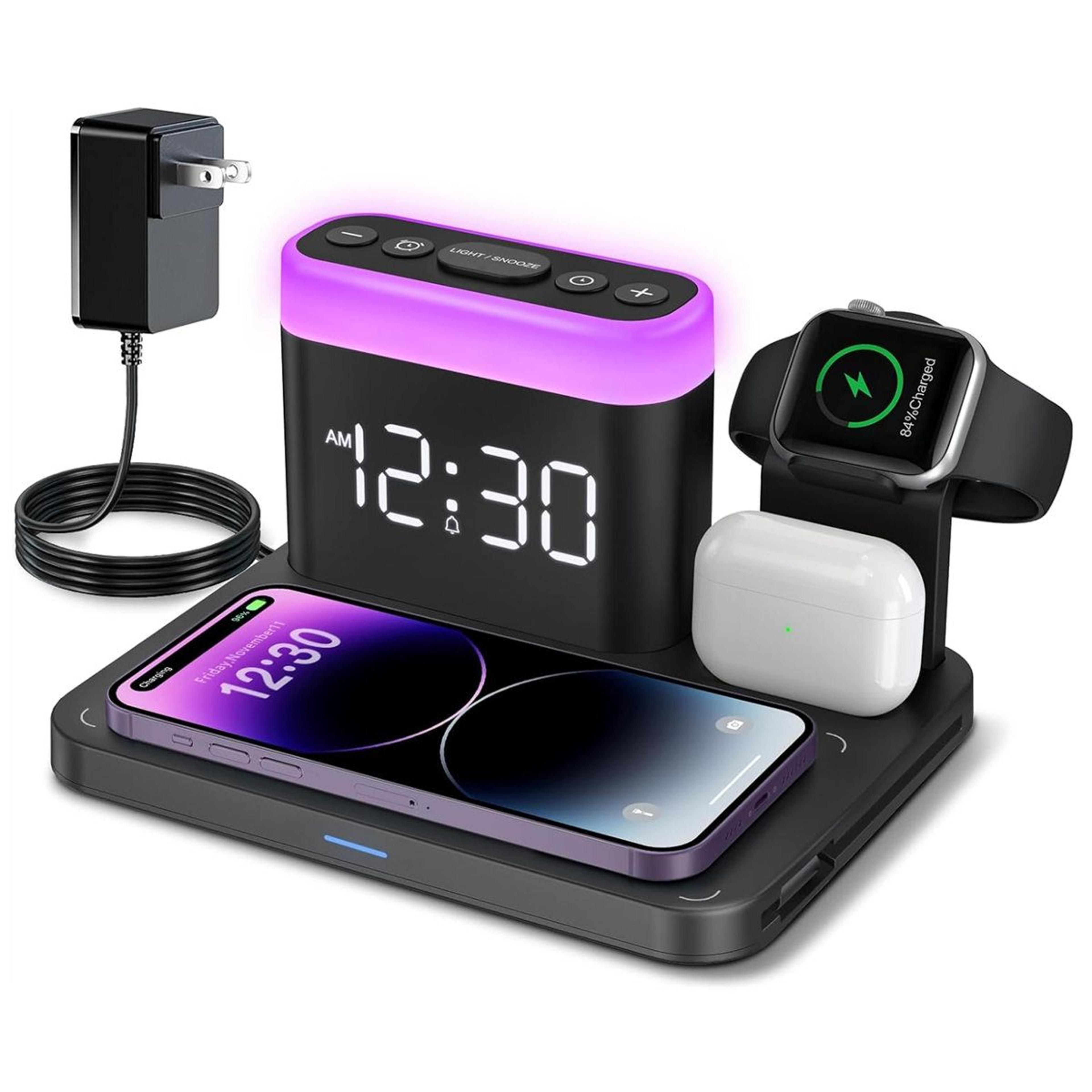 5-in-1 wireless charging station with alarm clock night light and magnetic charger