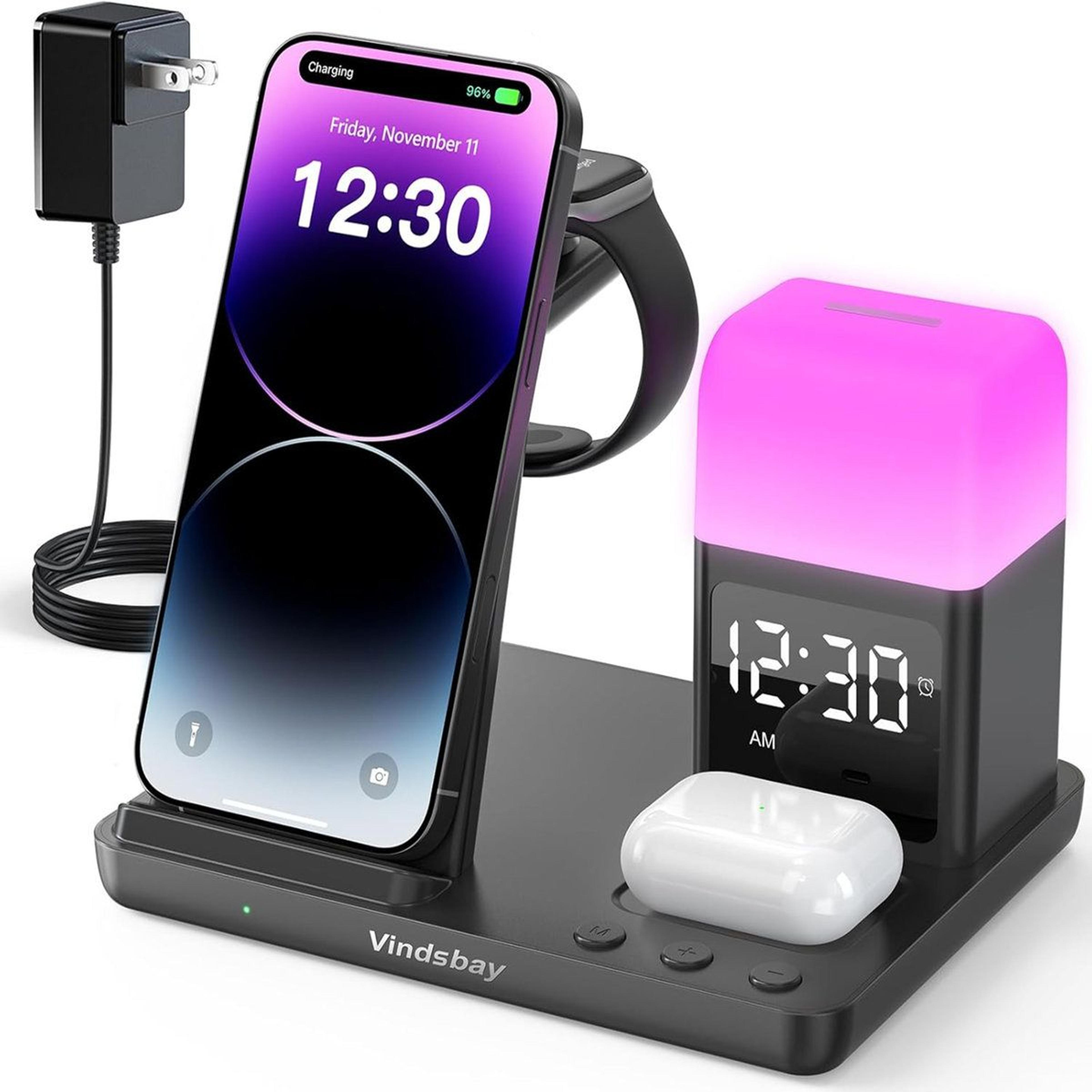 wireless charging station alarm clock with 8 color night light