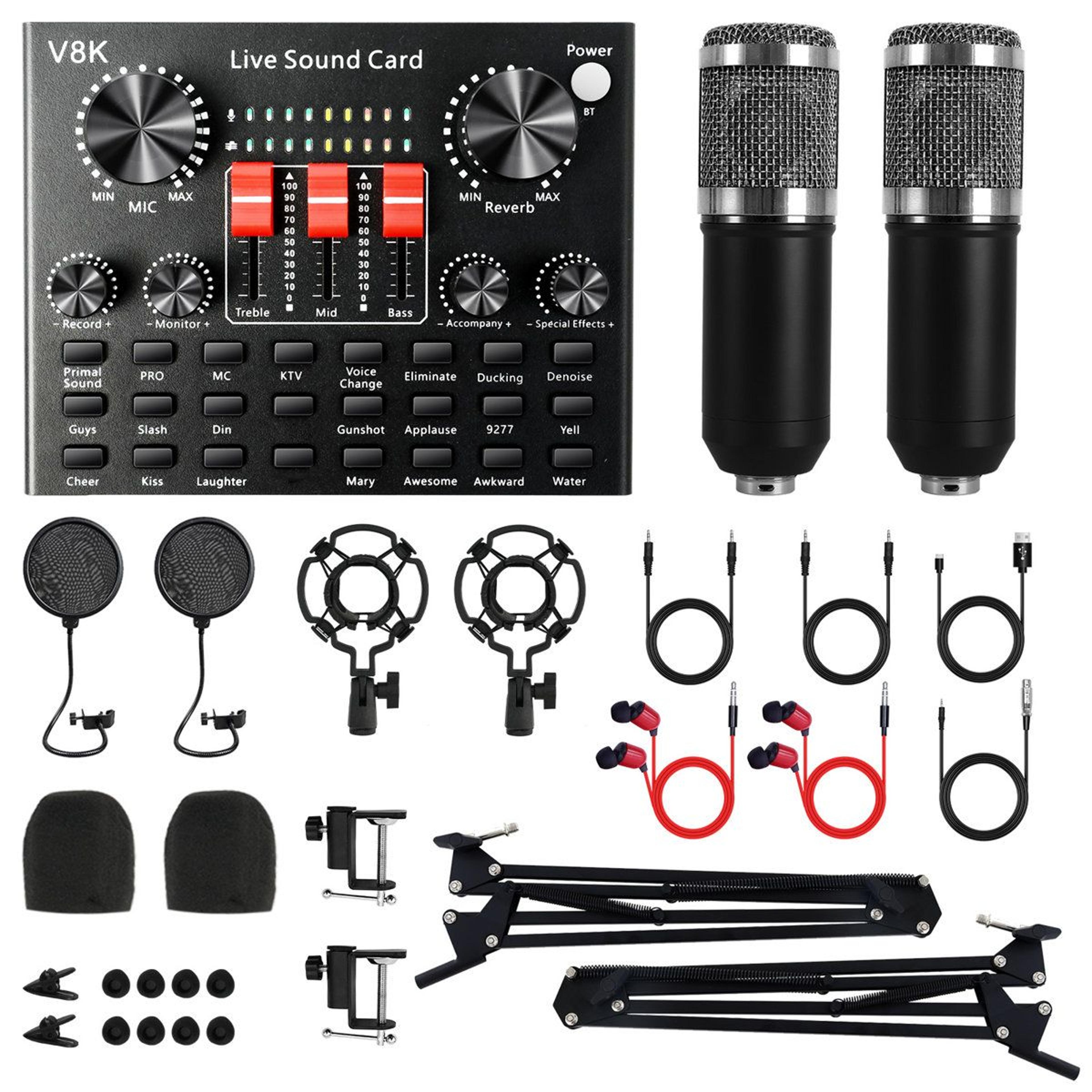 dual bm800 podcast equipment bundle with v8k sound card for streaming and recording