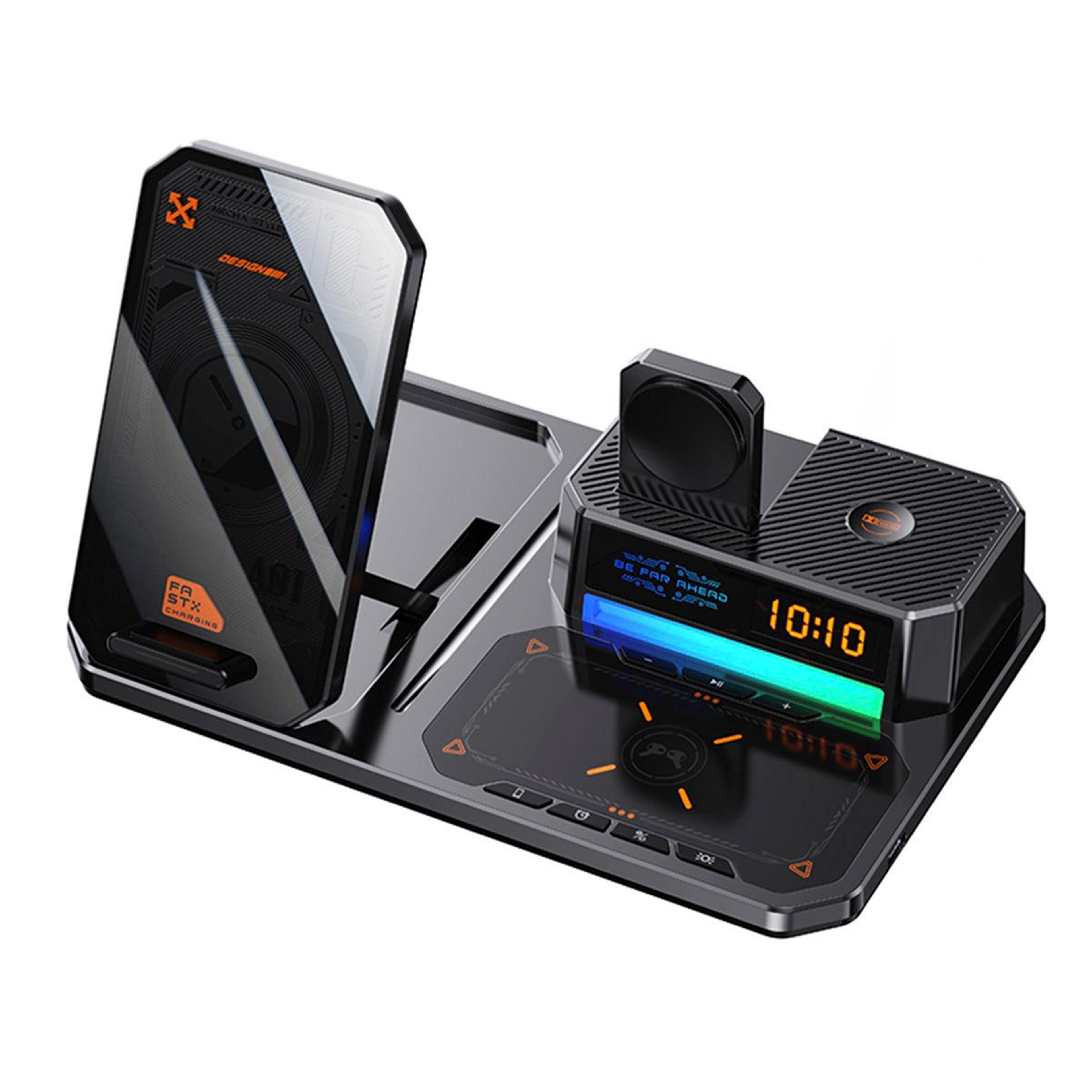 digital alarm clock with wireless charger bluetooth speaker and night light