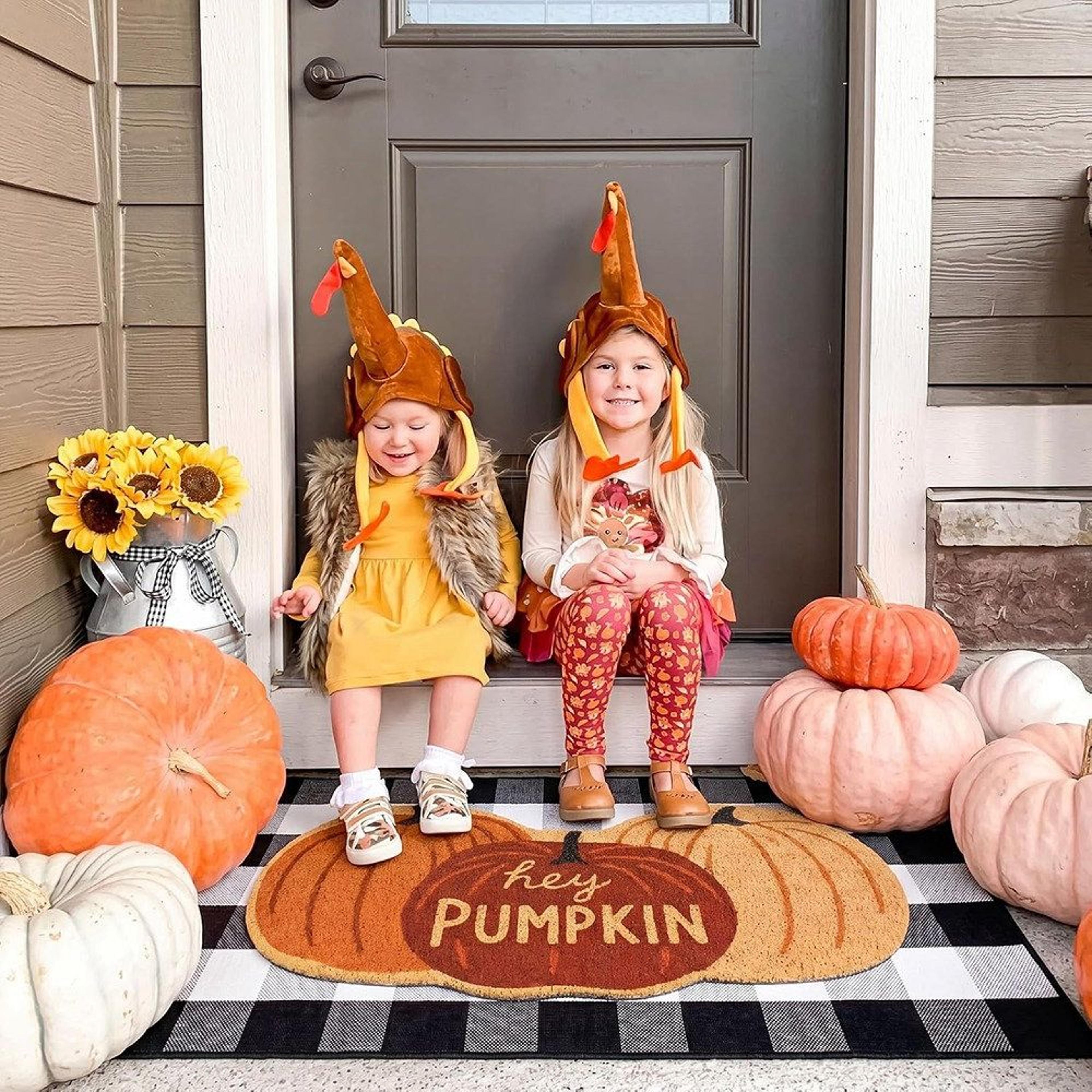 2 pack hey pumpkin fall doormat set with plaid layering rug