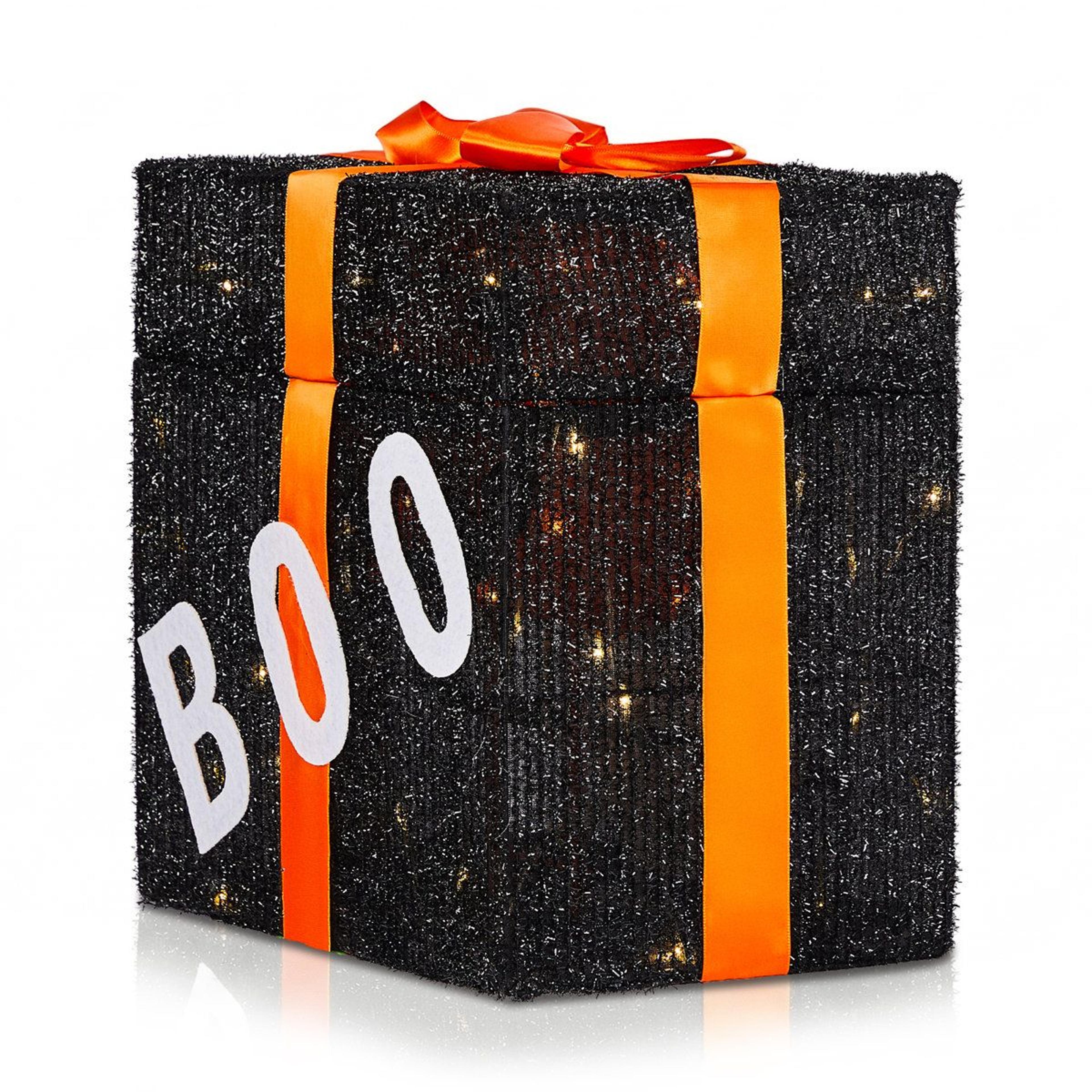 11 inch black square pumpkin gift box with 60 warm white led lights