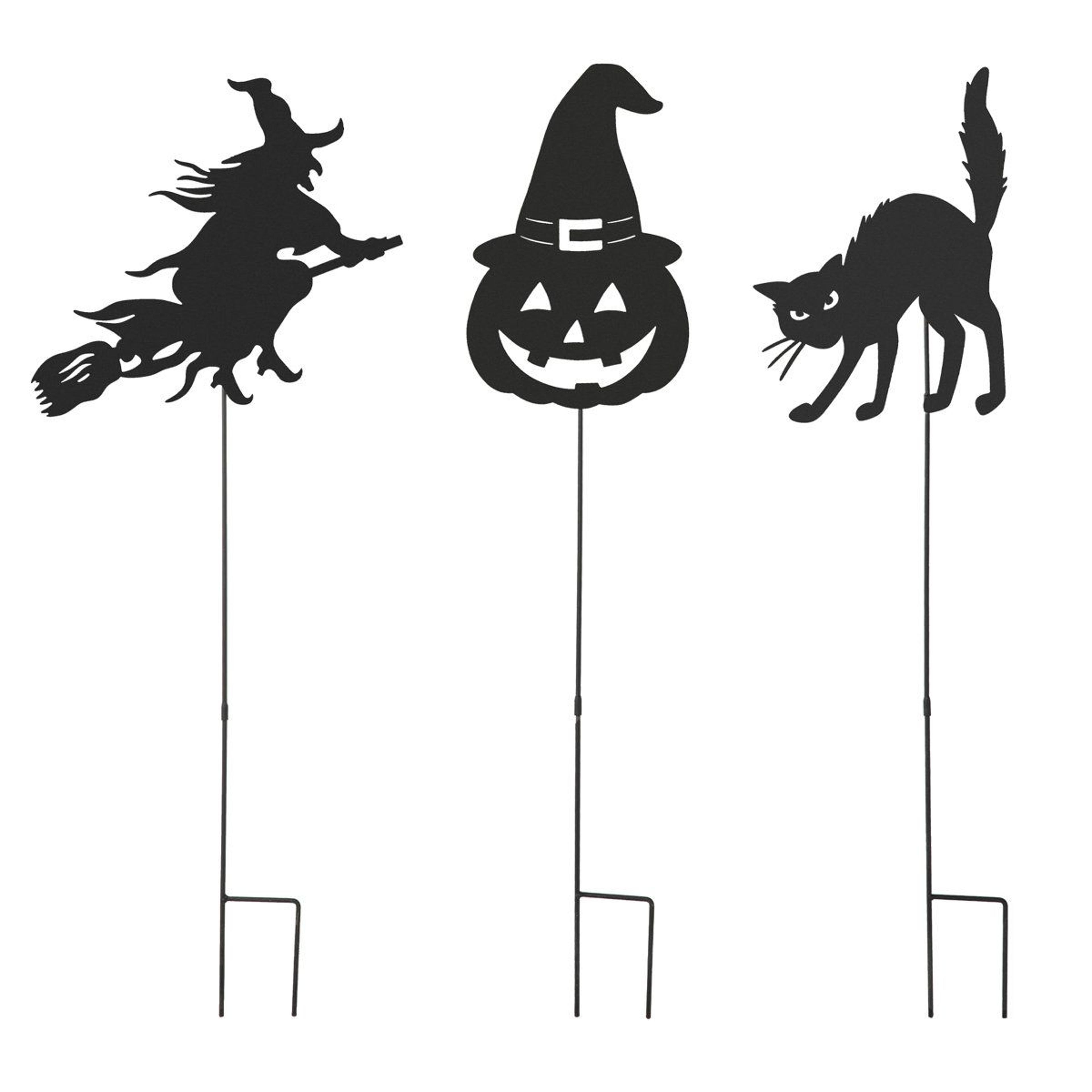 3 piece metal halloween garden stakes black cat witch jack o lantern outdoor decor