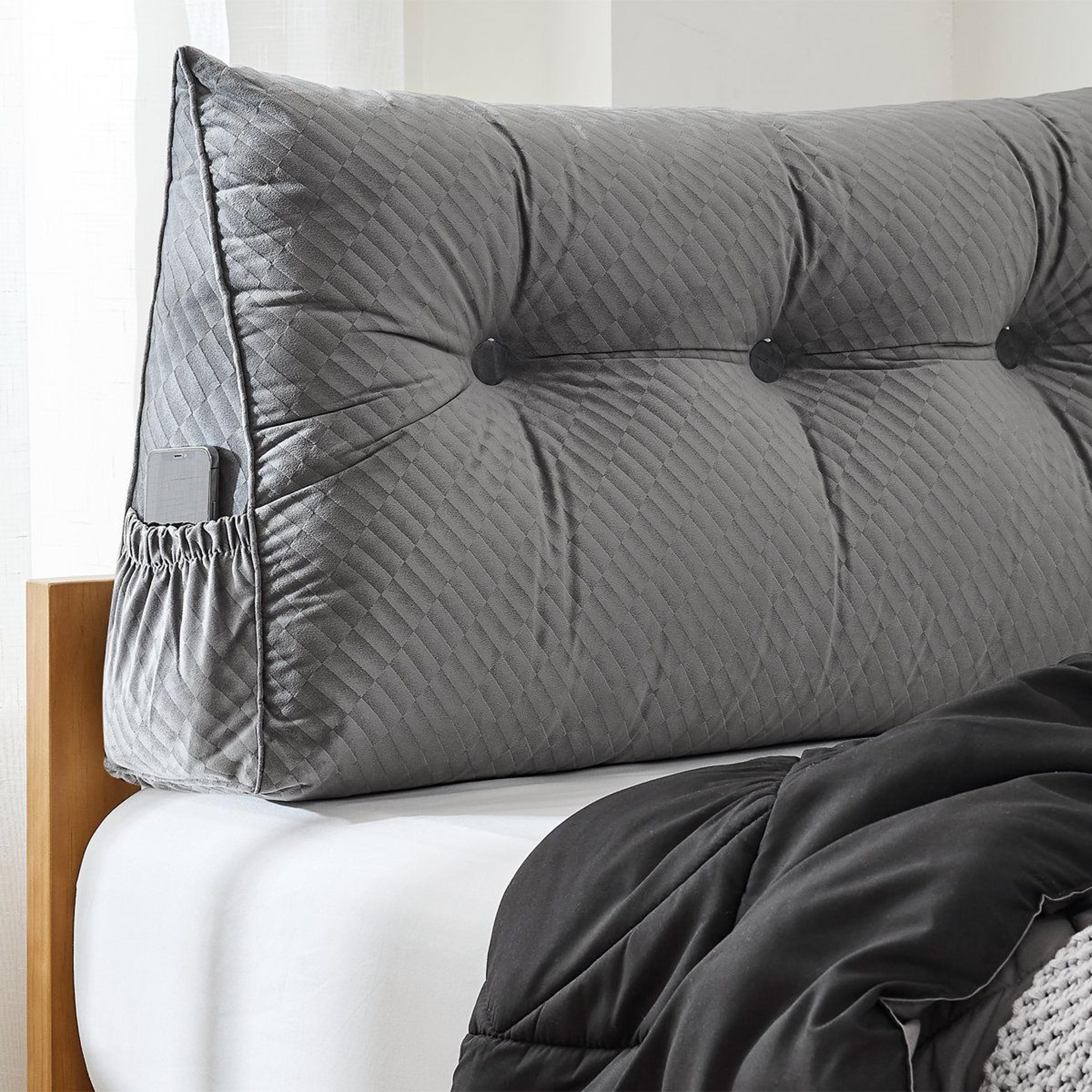 tufted twin xl dorm backrest pillow with side pockets gray