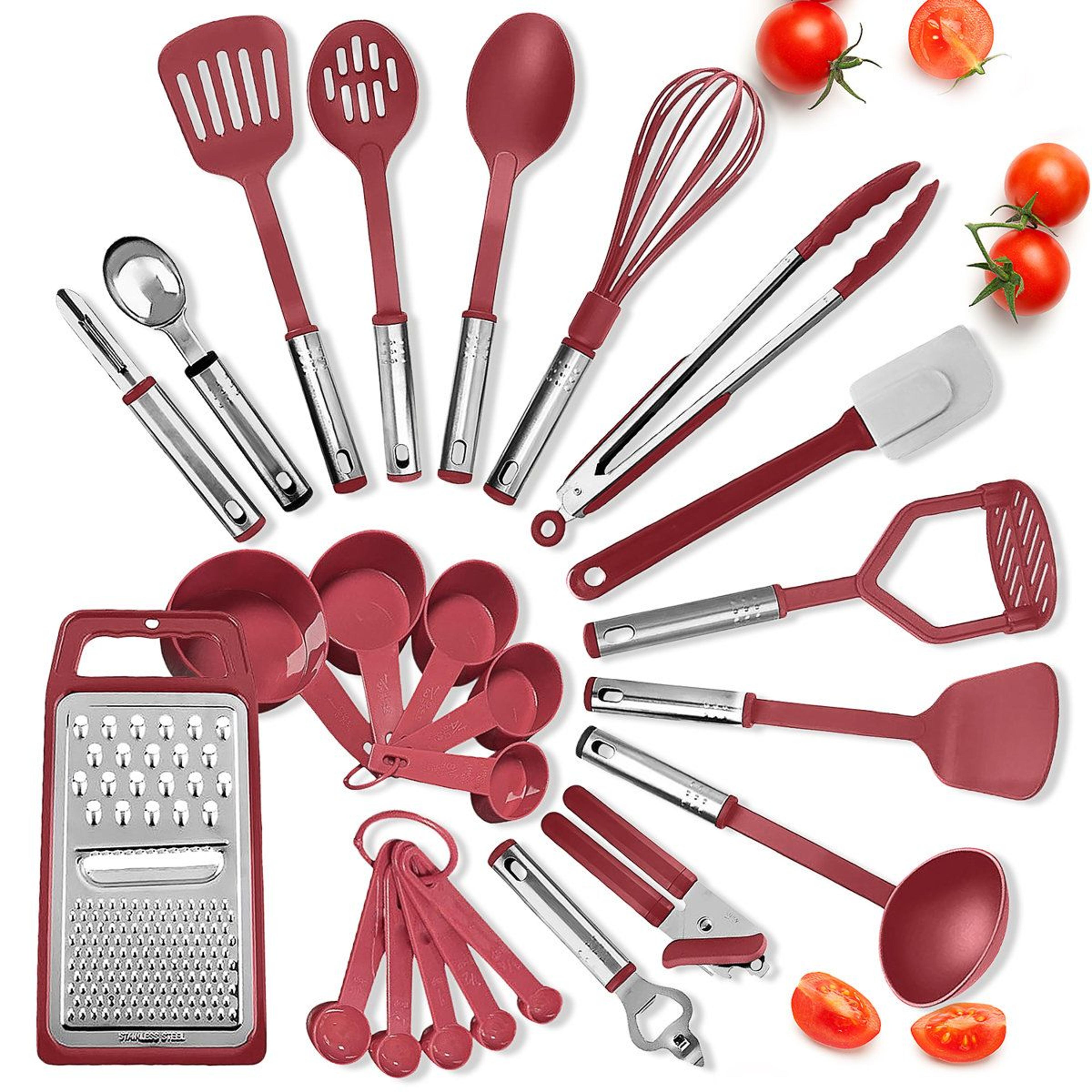 24 piece stainless steel kitchen utensil set with measuring tools and accessories