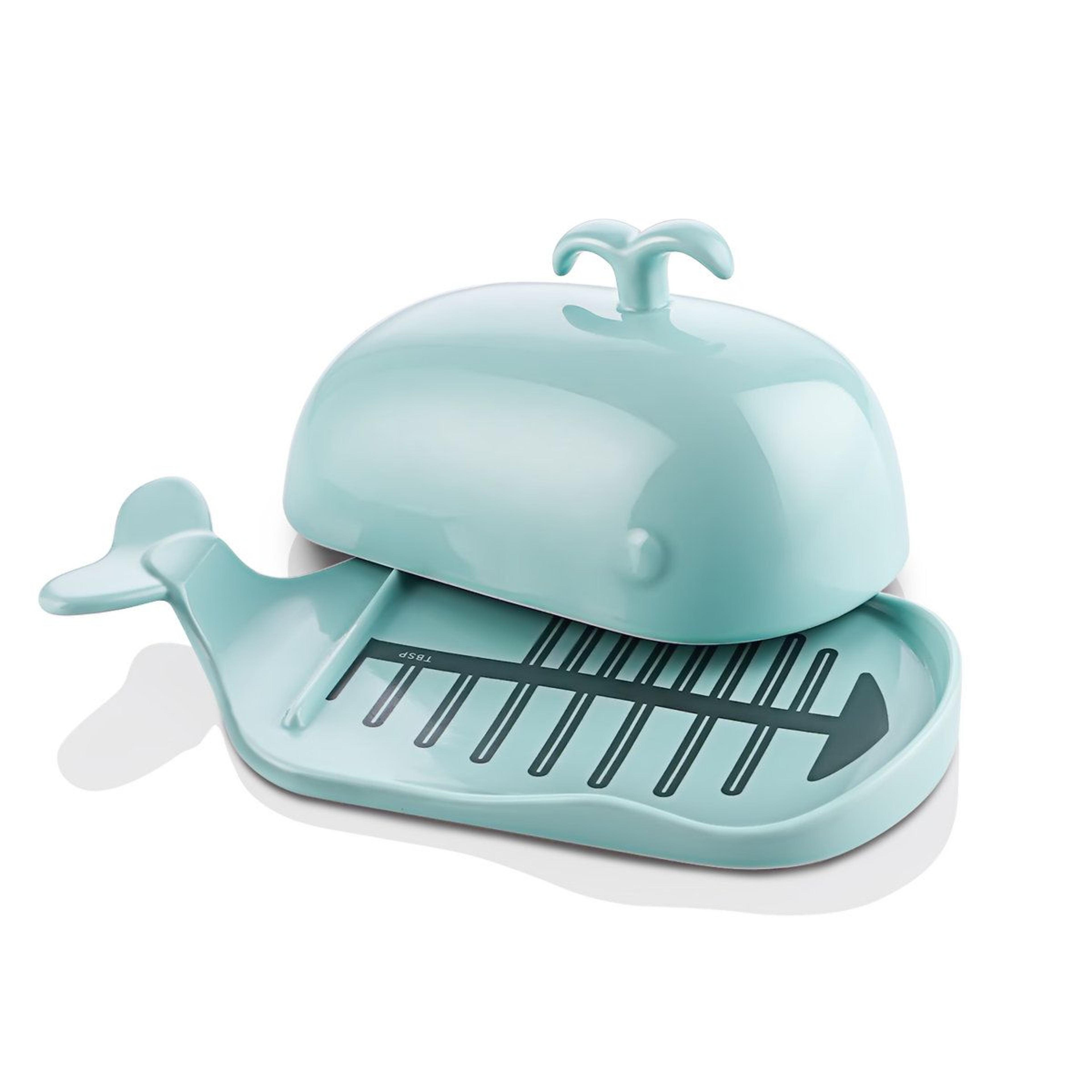 ceramic whale butter dish with lid and measurement guide teal countertop storage