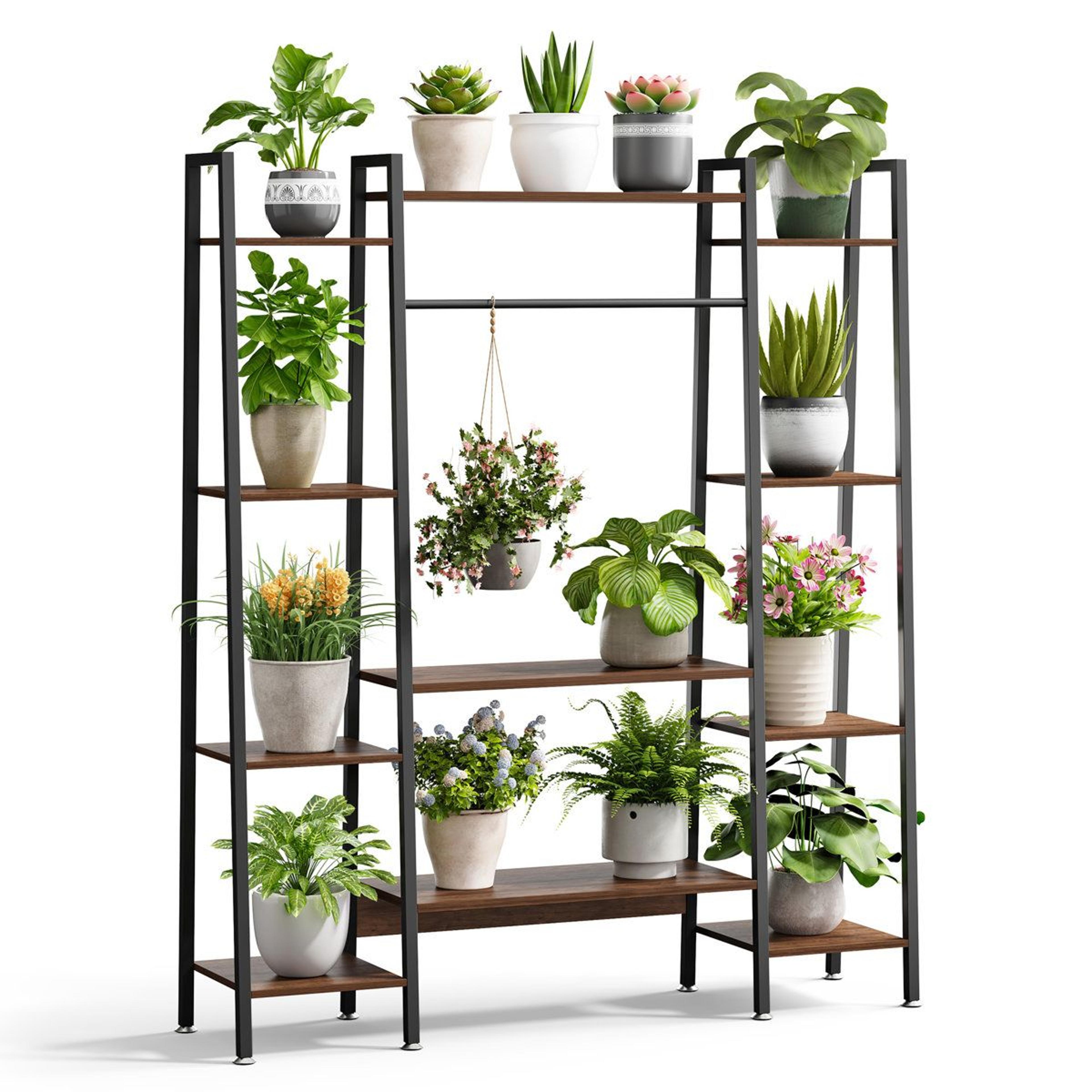 11 tier indoor plant stand with grow lights and walnut finish