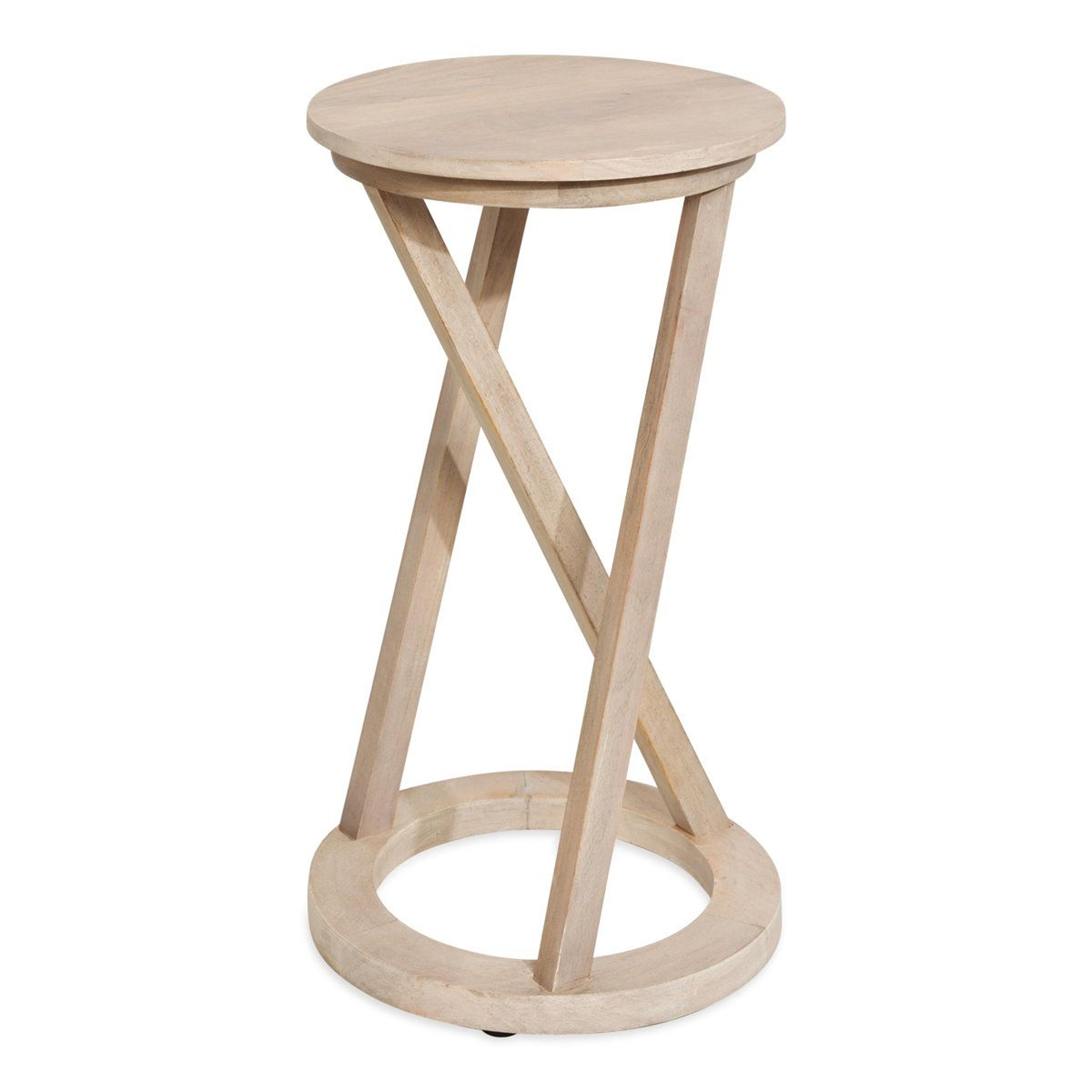 solid wood plant stand table with round top and rustic farmhouse design