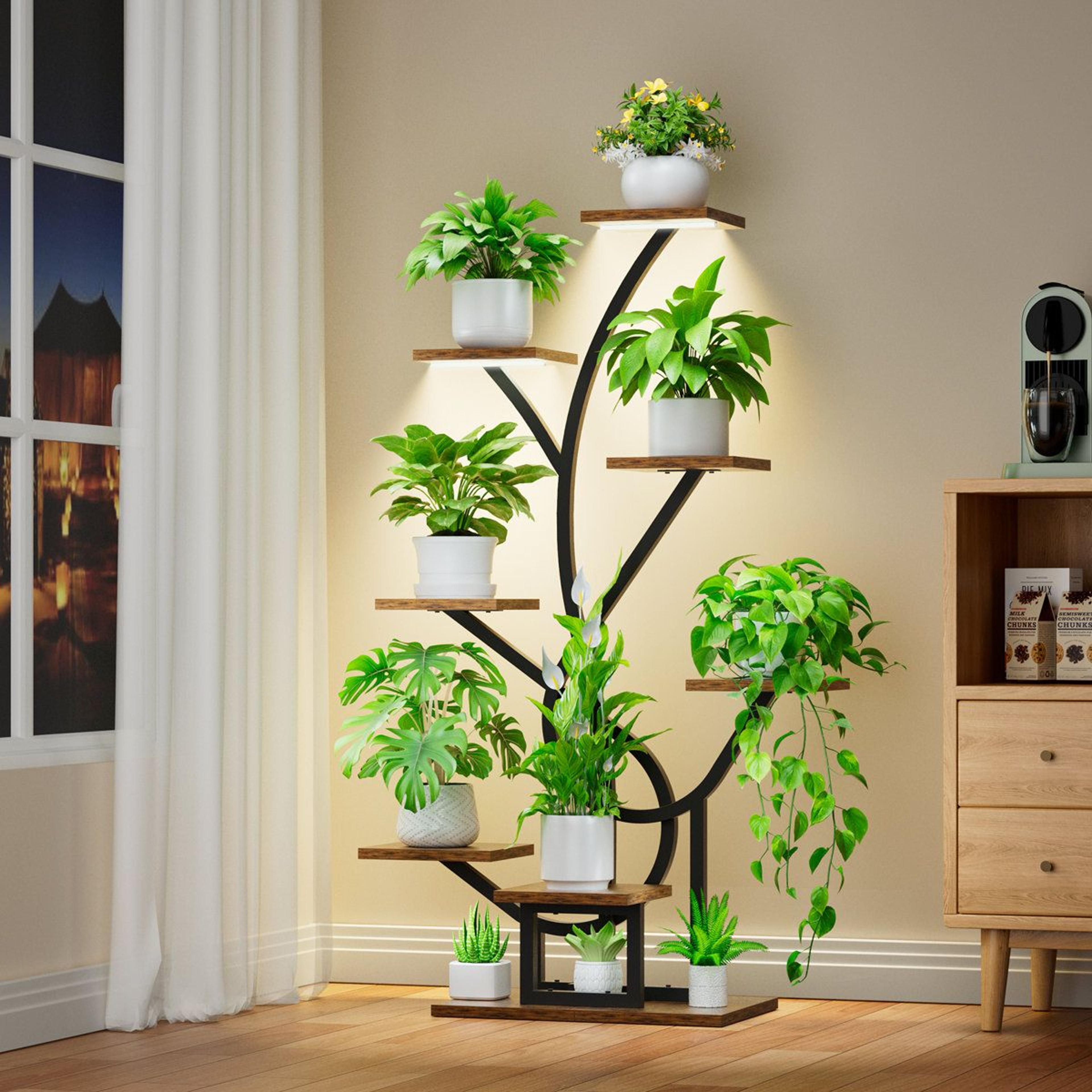 8-tier indoor plant stand with grow lights and space saving corner shelf