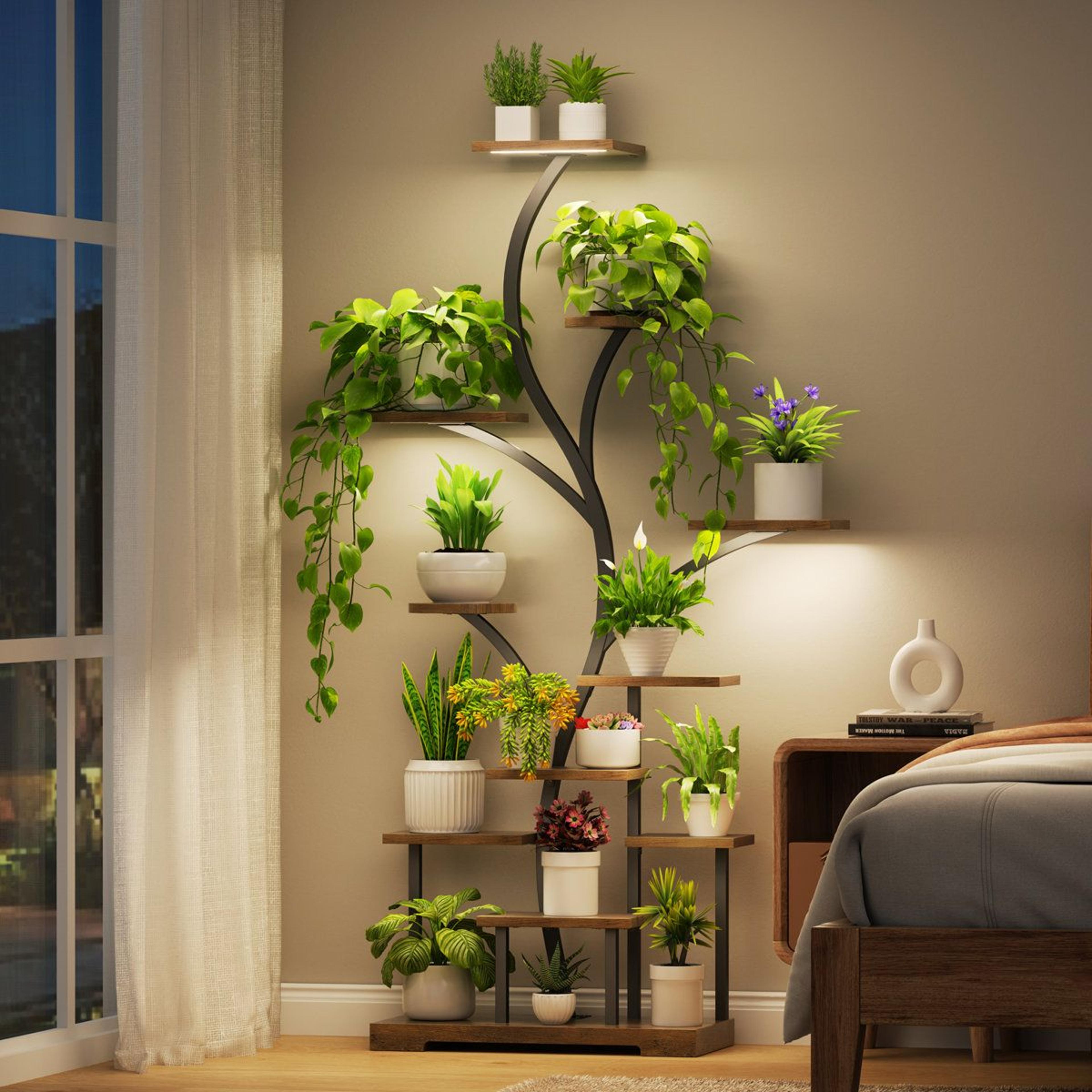 63" tall indoor plant stand with grow lights and 11-tier display