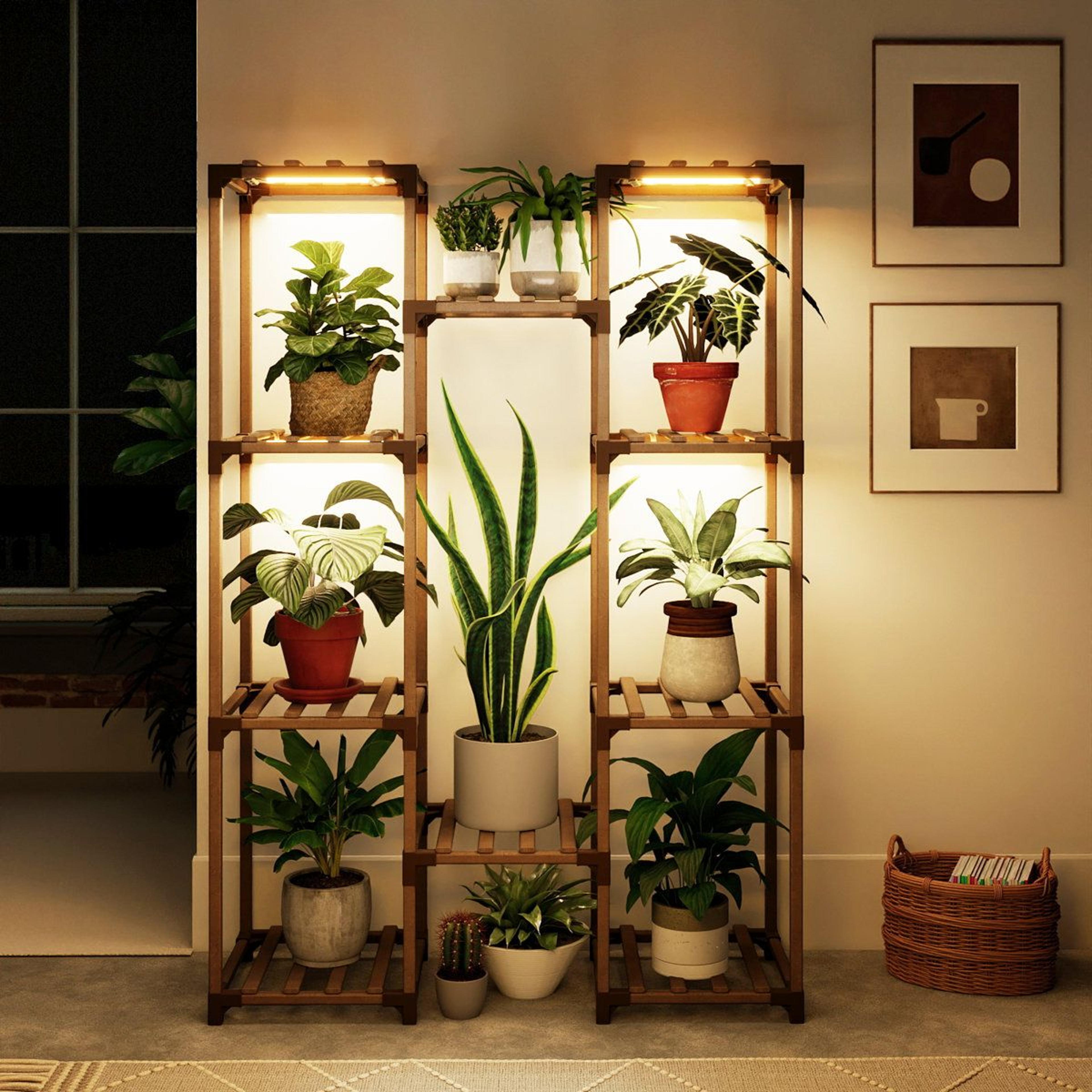10 tier plant stand with grow light eucalyptus wood plant shelf