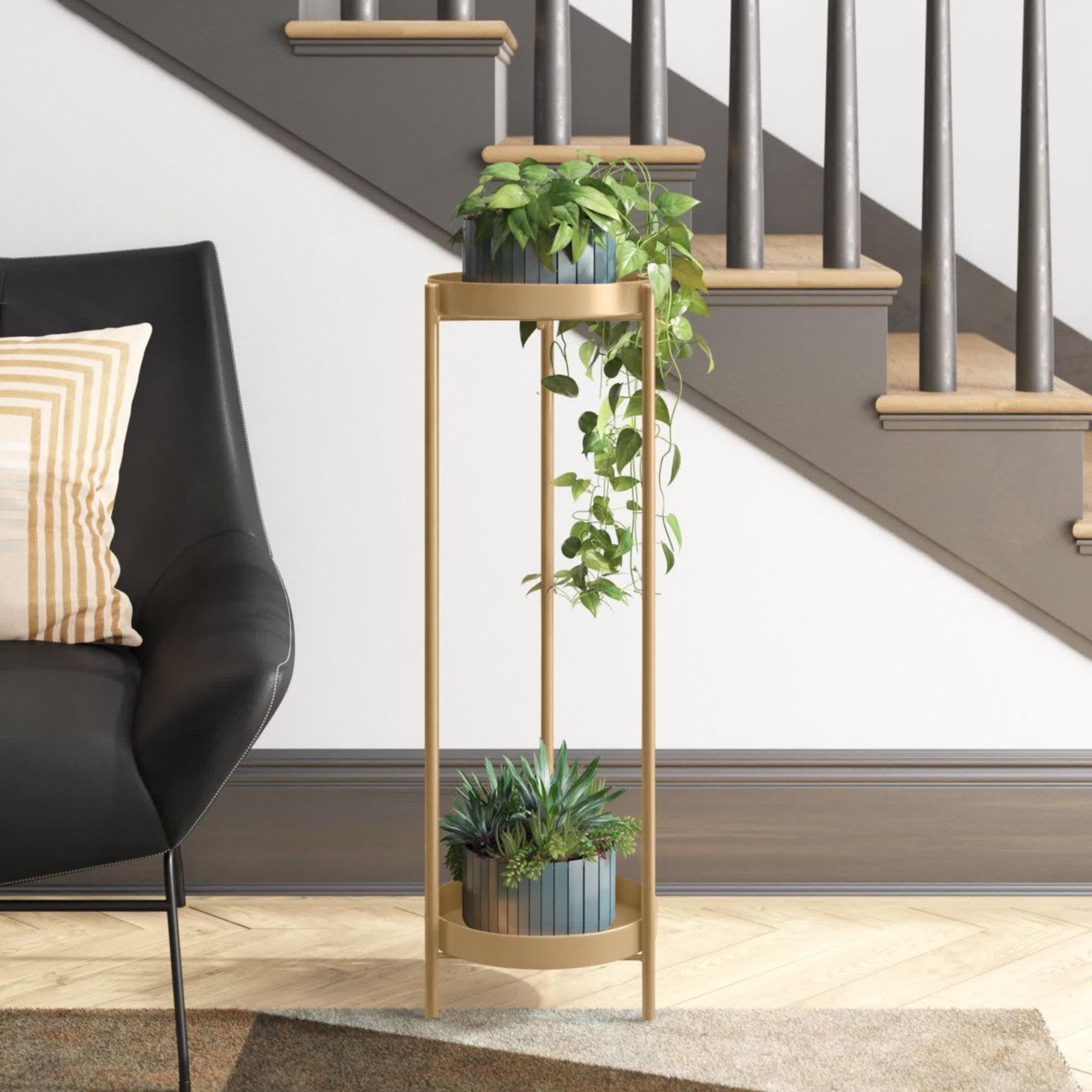 mercury row dealba gold 2 tier metal plant stand foldable round indoor outdoor display shelf
