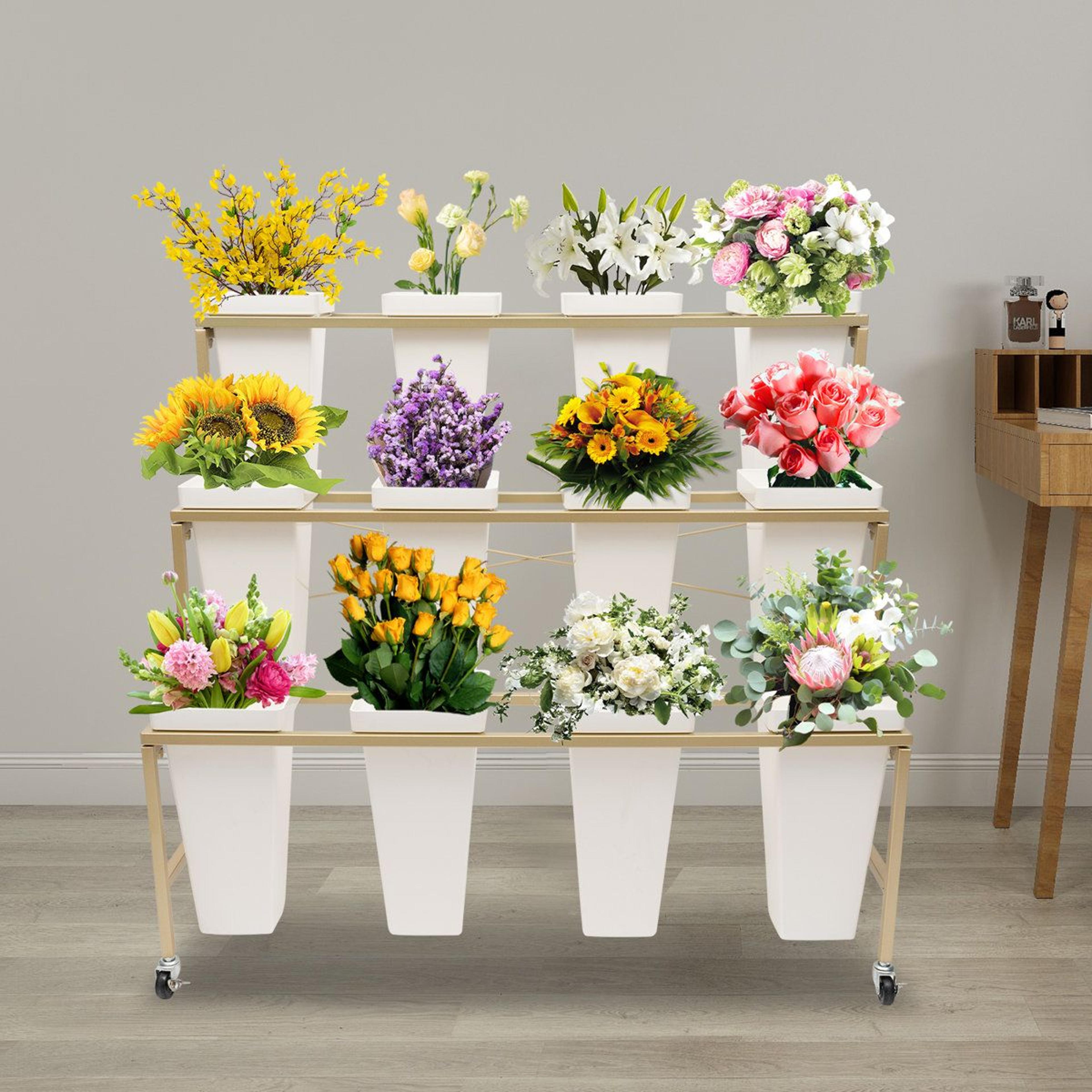 dovetta 3 tier metal flower display stand with 12 buckets and wheels