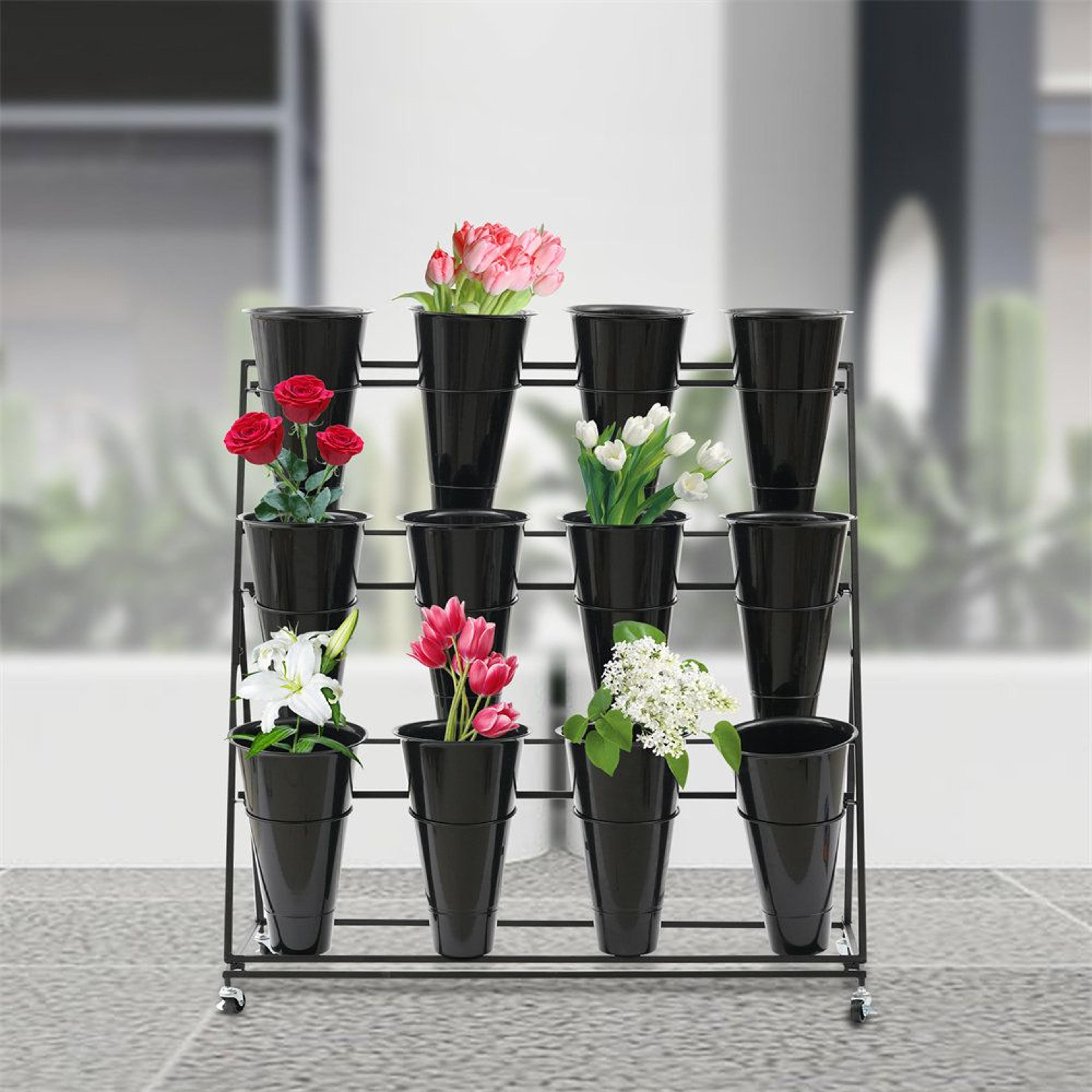 3 tier rolling flower display stand with 12 buckets