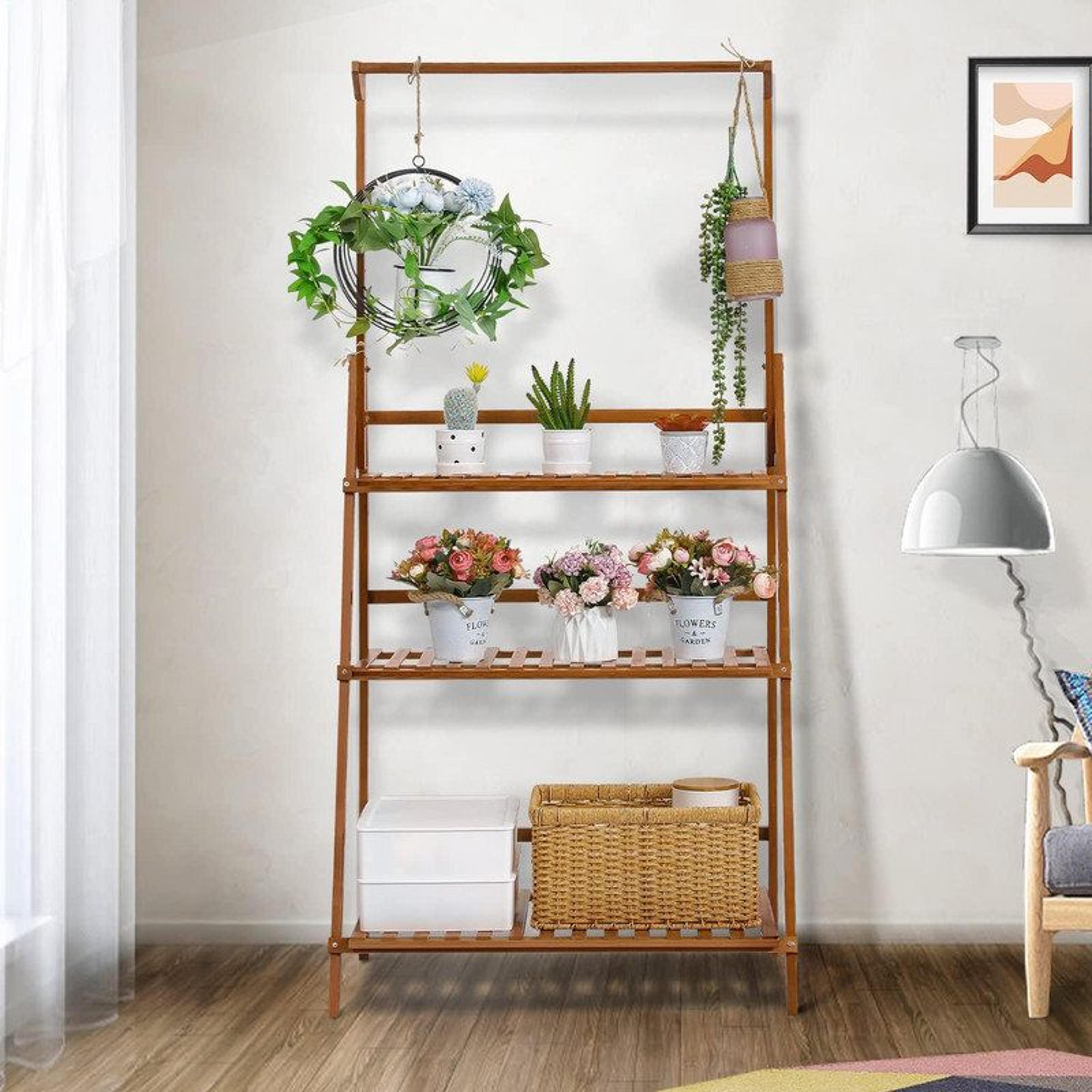 3-tier bamboo plant stand with hanging rod foldable indoor outdoor display shelf