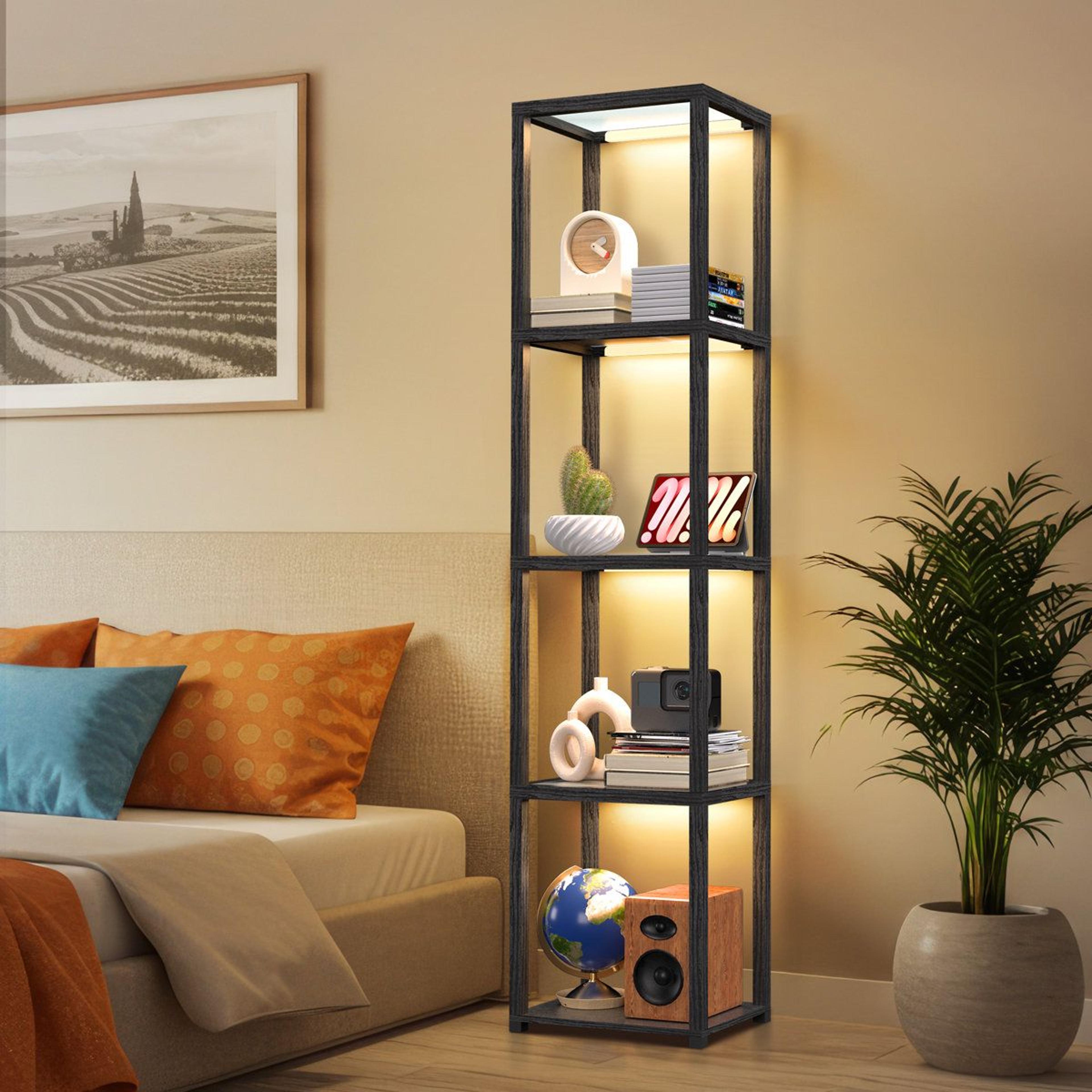 67" modern led column floor lamp with 5-tier display shelves and app control